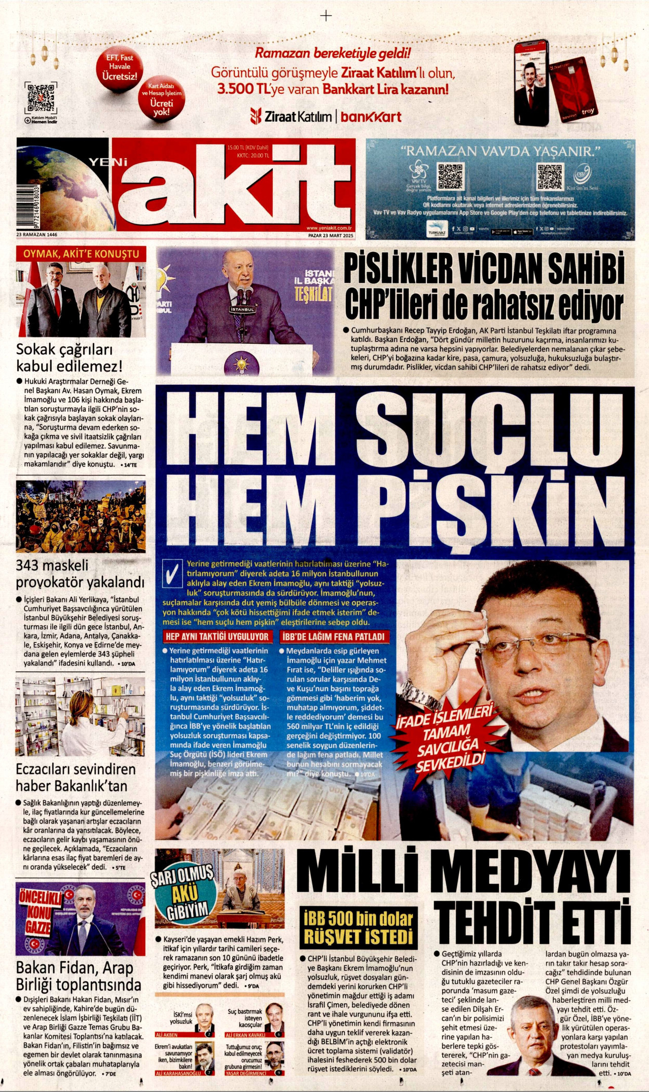 YENİ AKİT gazetesinin 23 Mart 2025 tarihli birinci sayfası