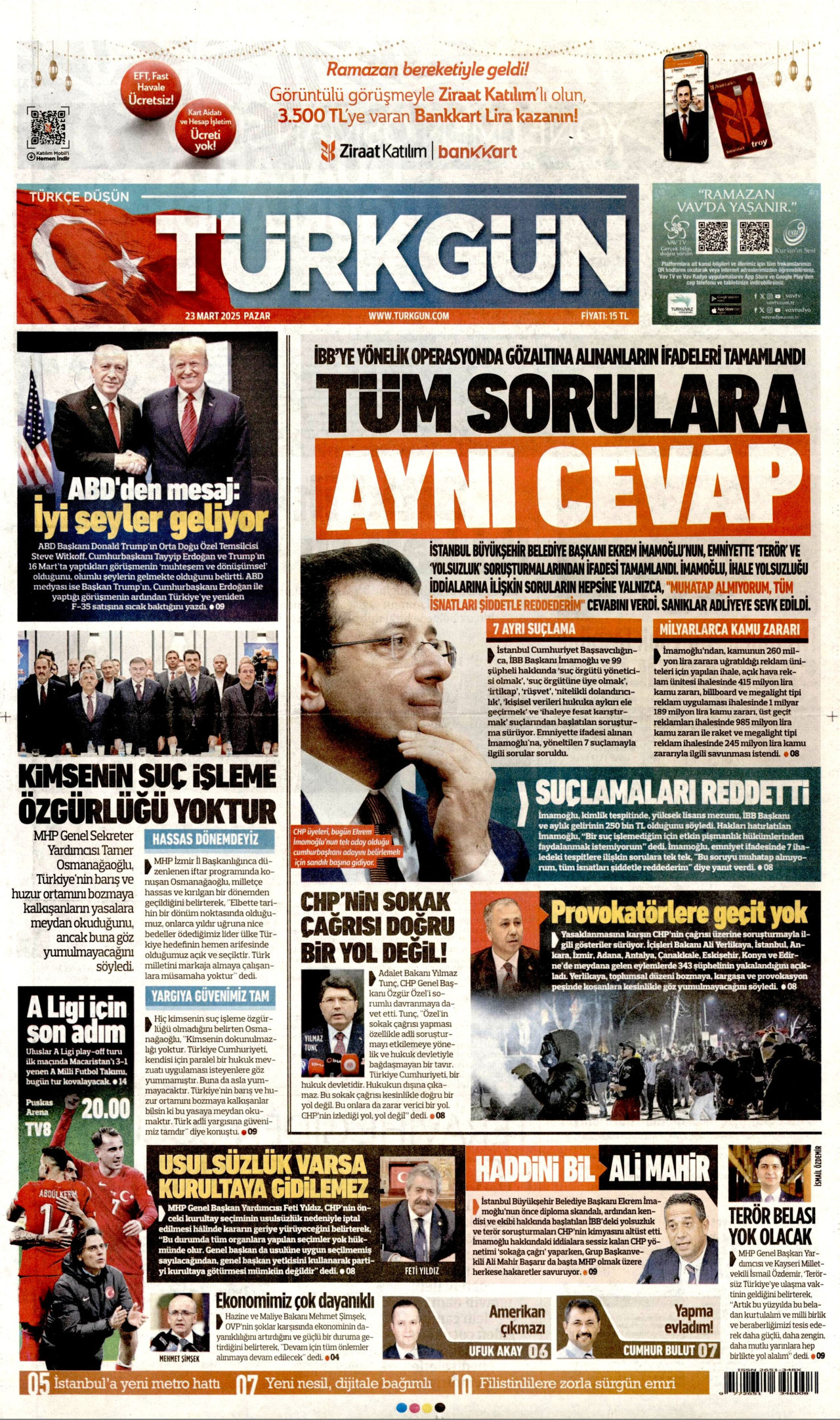 TÜRKGÜN gazetesinin 23 Mart 2025 tarihli birinci sayfası