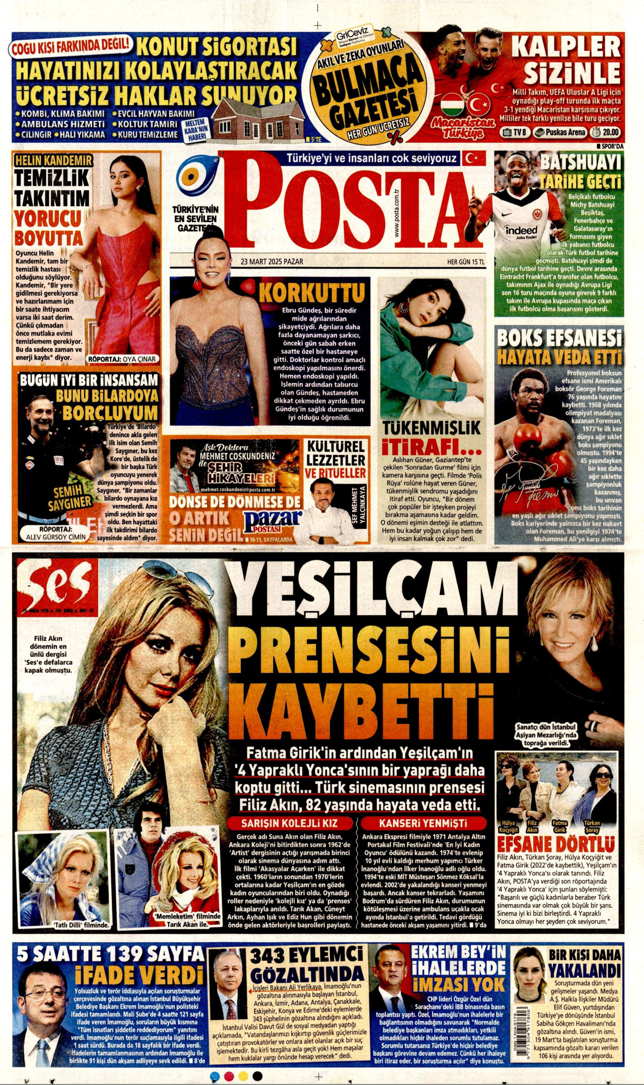 POSTA gazetesinin 23 Mart 2025 tarihli birinci sayfası
