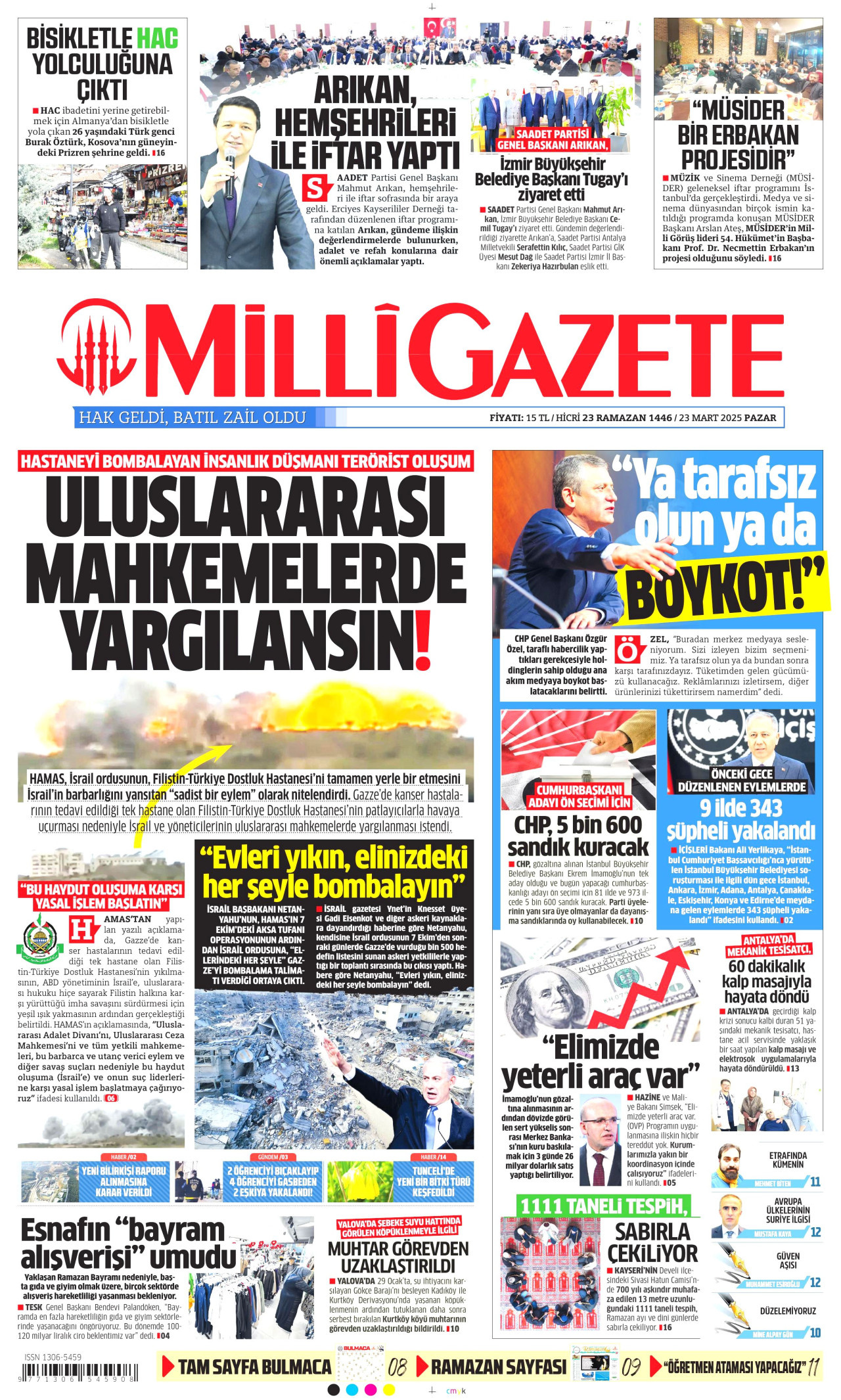 MİLLİ GAZETE gazetesinin 23 Mart 2025 tarihli birinci sayfası