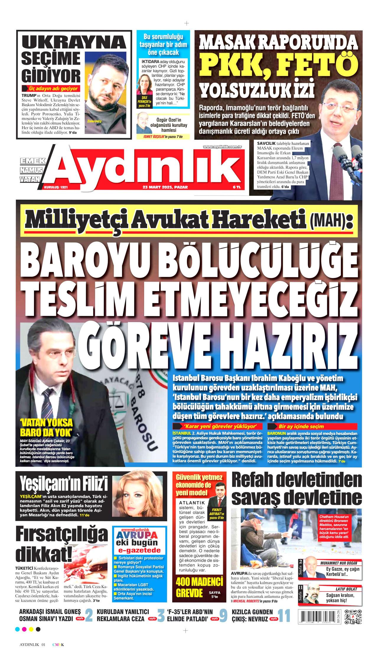 AYDINLIK GAZETESİ gazetesinin 23 Mart 2025 tarihli birinci sayfası