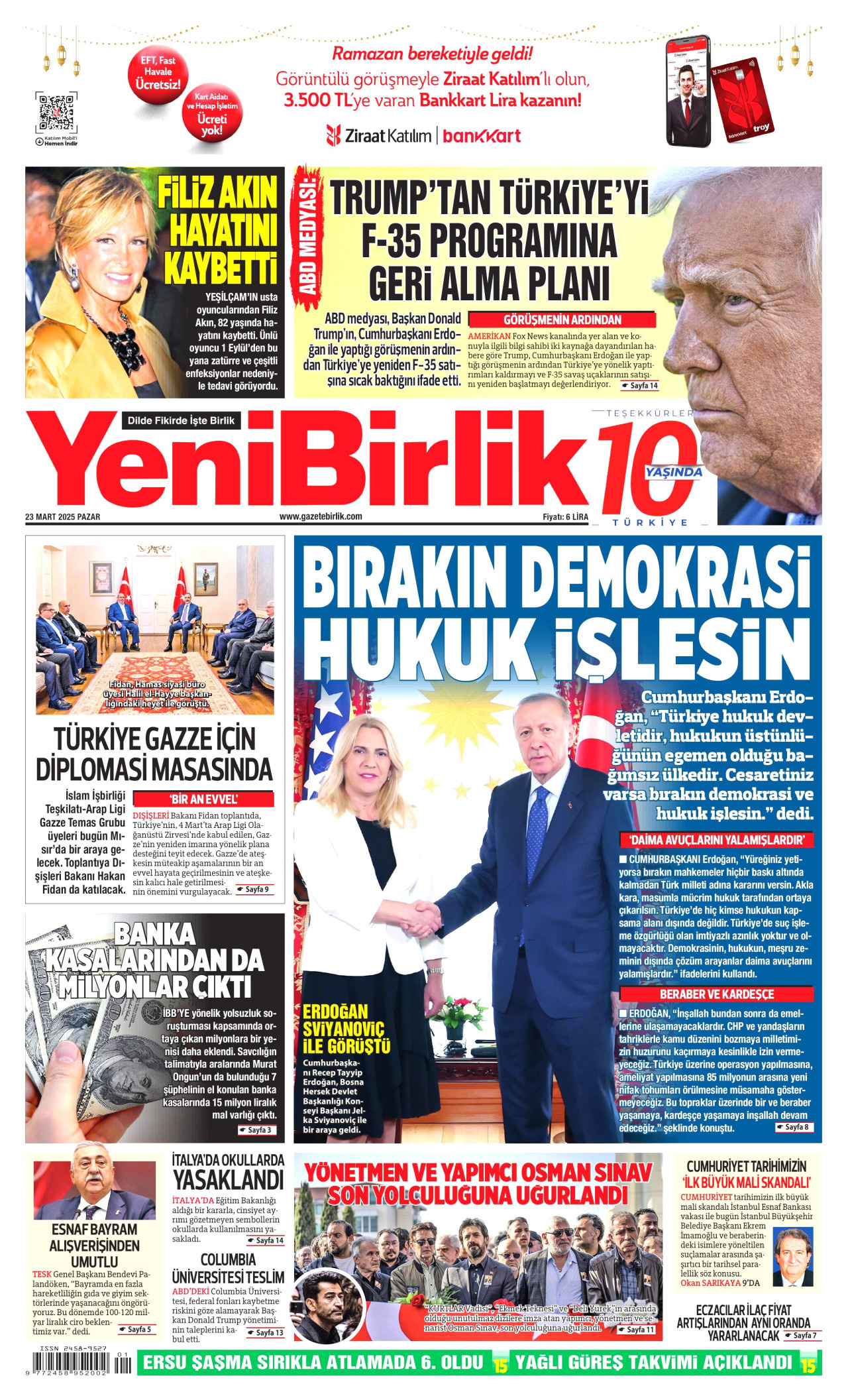 YENİBİRLİK gazetesinin 23 Mart 2025 tarihli birinci sayfası