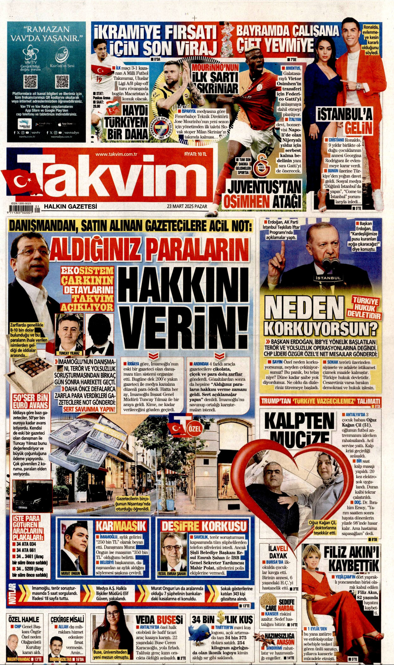 TAKVİM gazetesinin 23 Mart 2025 tarihli birinci sayfası