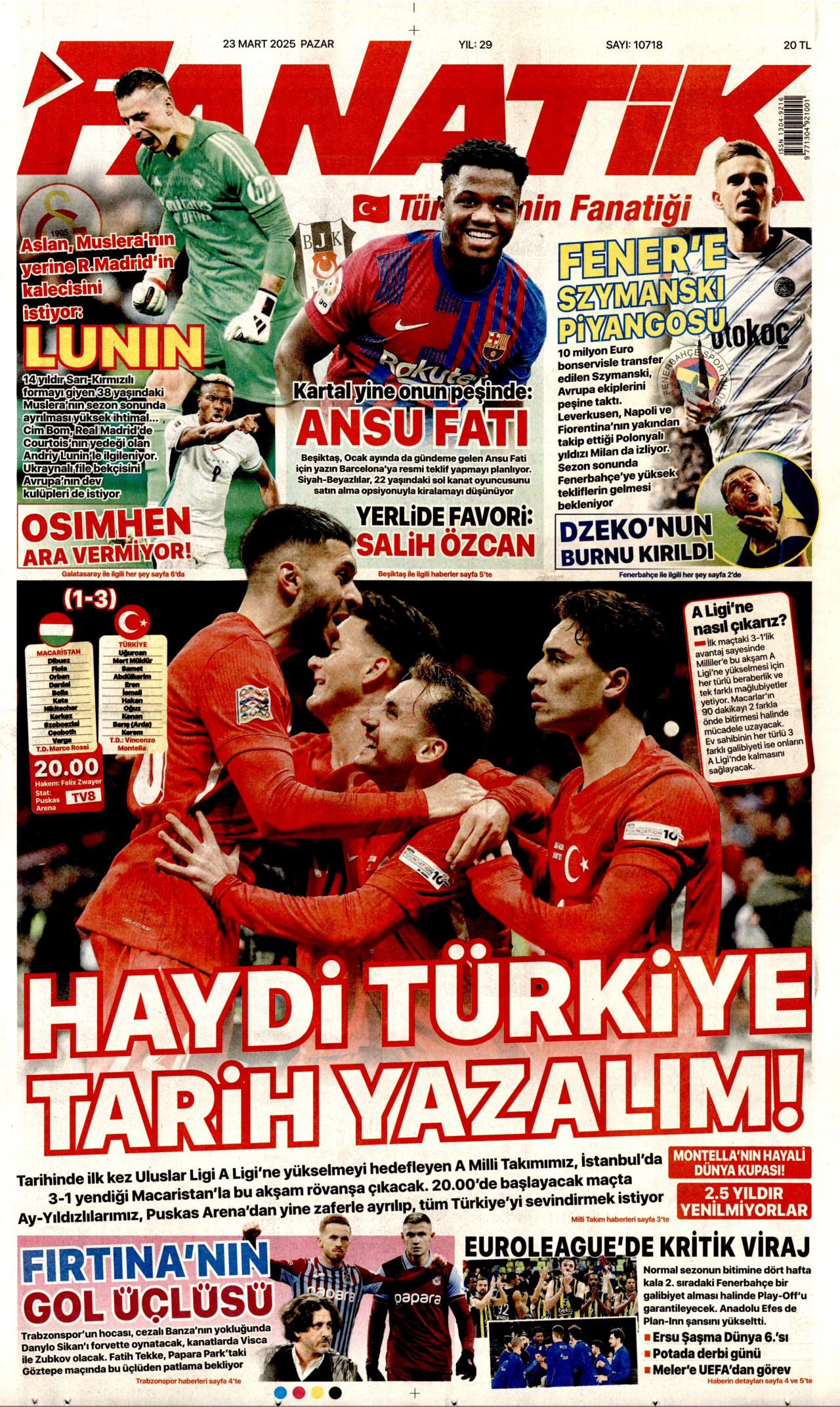 FANATİK gazetesinin 23 Mart 2025 tarihli birinci sayfası