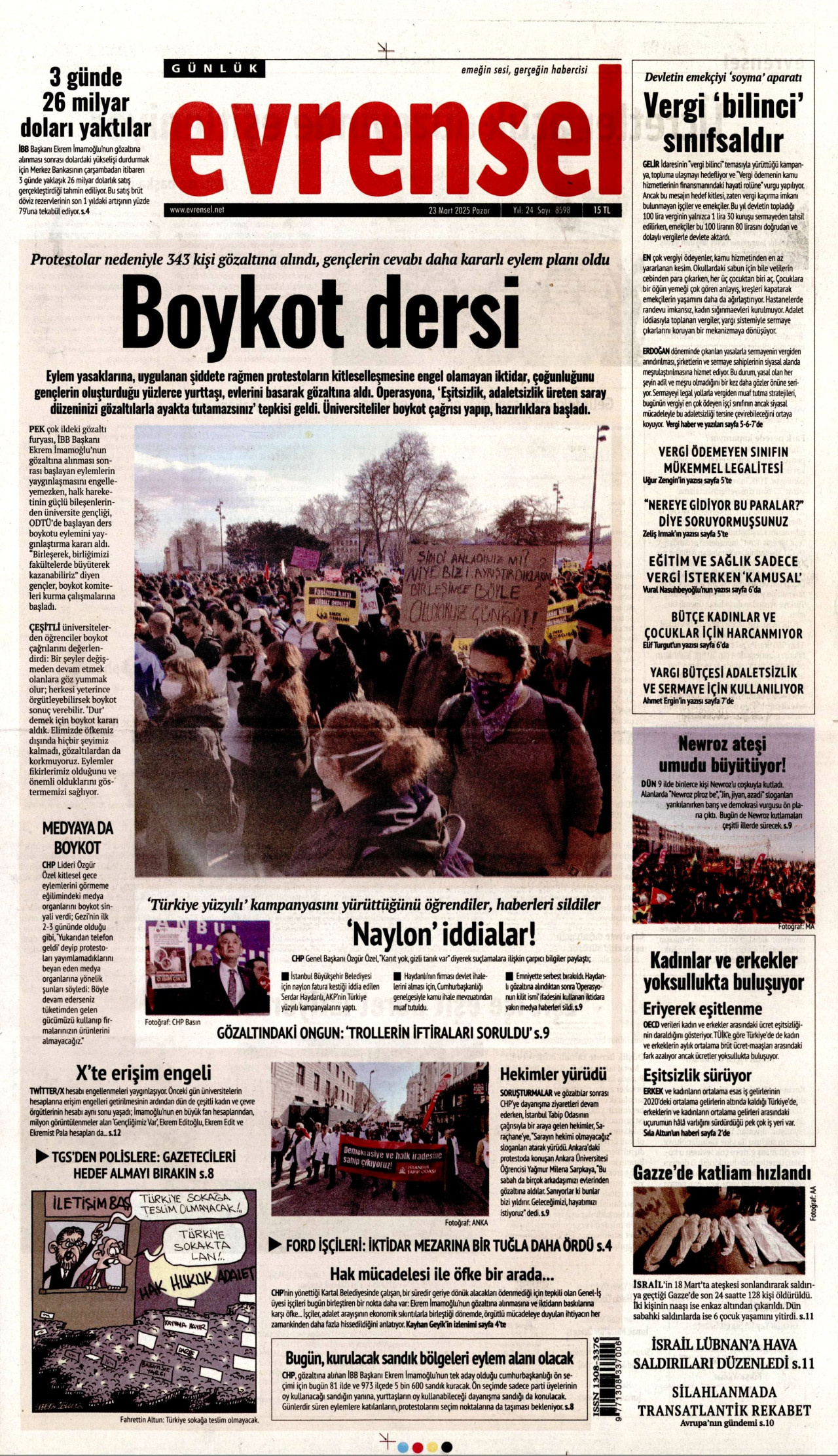 EVRENSEL gazetesinin 23 Mart 2025 tarihli birinci sayfası