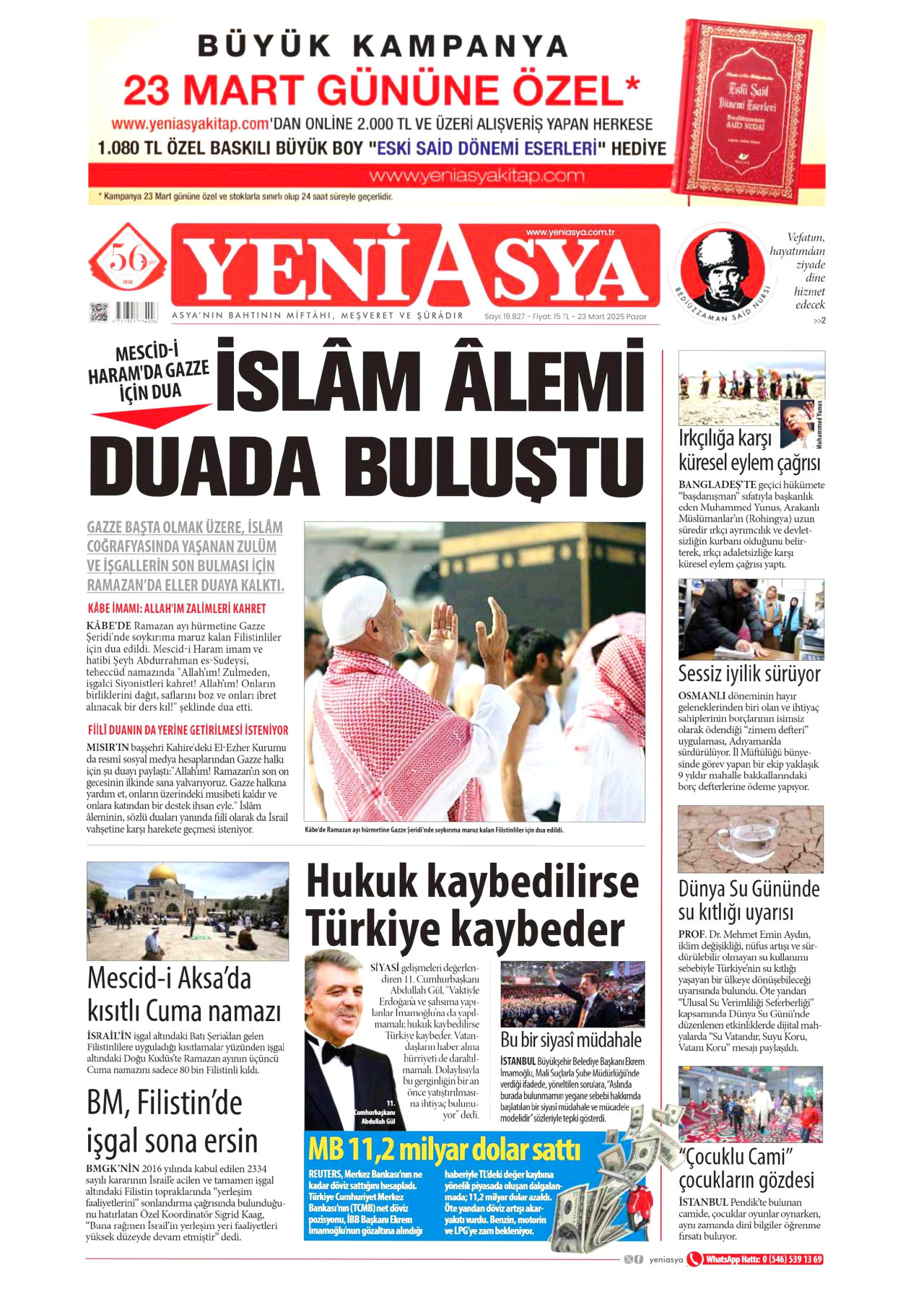 YENİ ASYA gazetesinin 23 Mart 2025 tarihli birinci sayfası