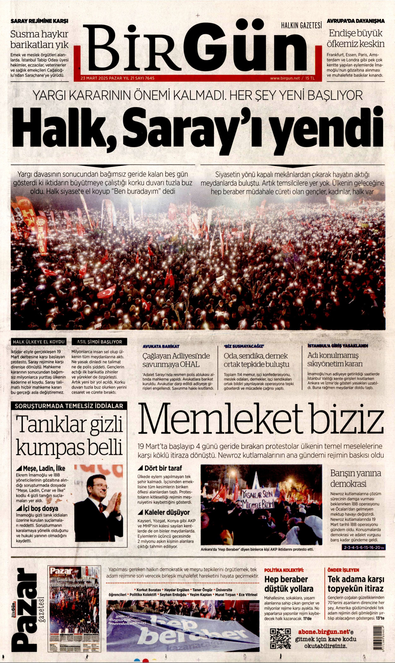 BİRGÜN gazetesinin 23 Mart 2025 tarihli birinci sayfası
