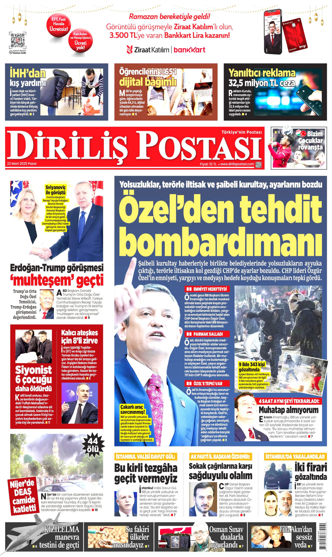 DİRİLİŞ POSTASI gazetesinin 23 Mart 2025 tarihli birinci sayfası