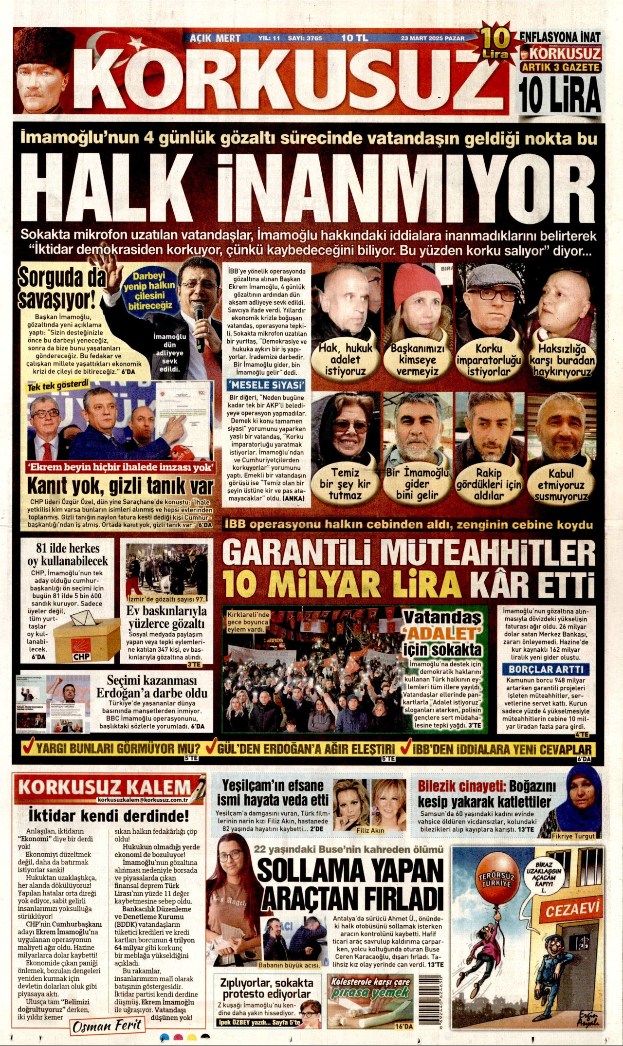KORKUSUZ gazetesinin 23 Mart 2025 tarihli birinci sayfası