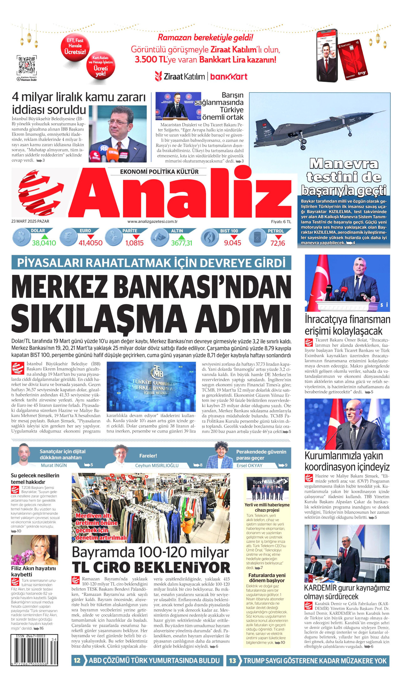 ANALİZ gazetesinin 23 Mart 2025 tarihli birinci sayfası