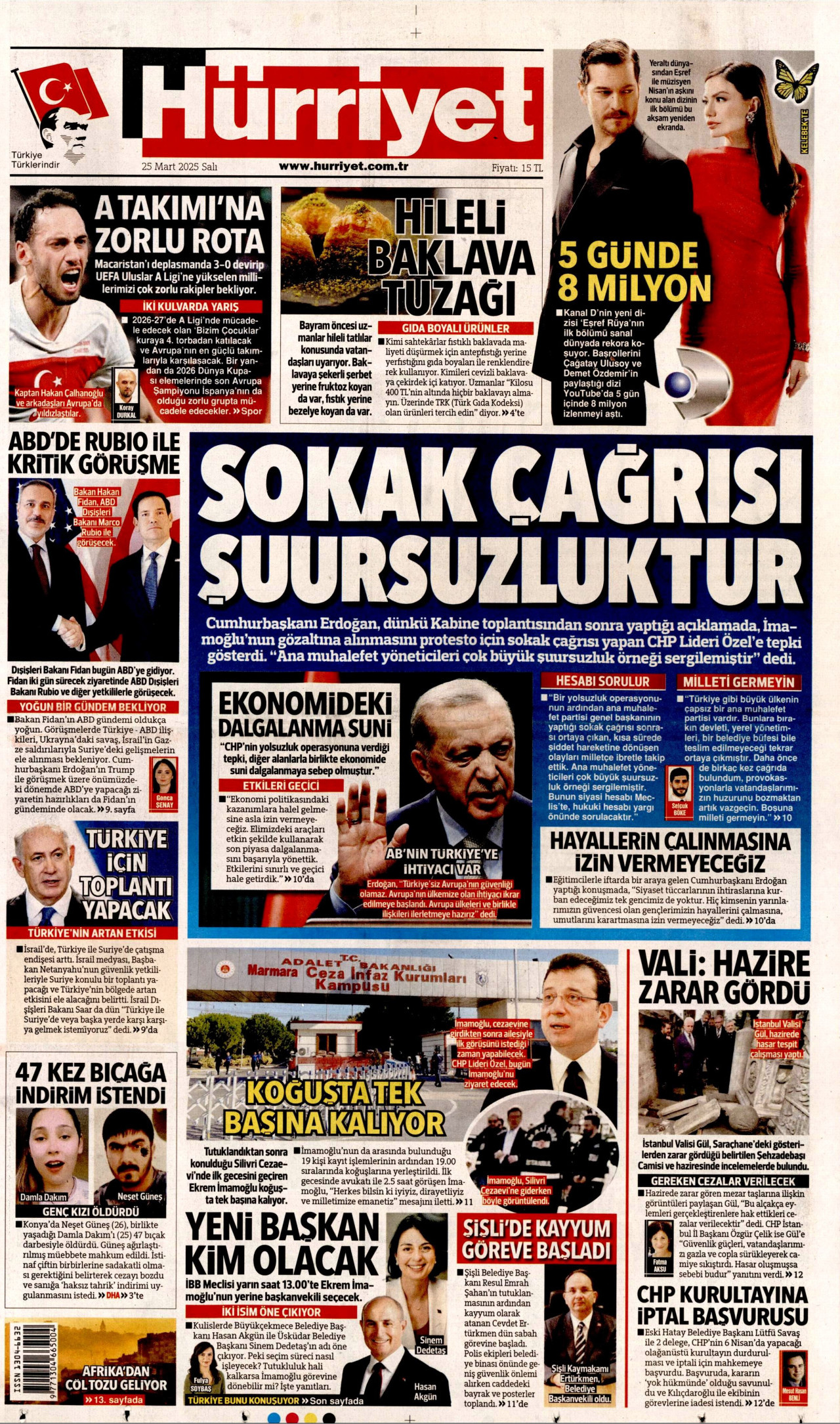 HÜRRİYET gazetesinin 25 Mart 2025 tarihli birinci sayfası