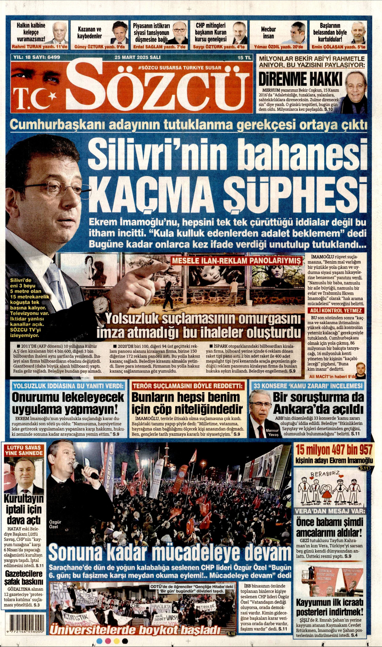 SÖZCÜ gazetesinin 25 Mart 2025 tarihli birinci sayfası