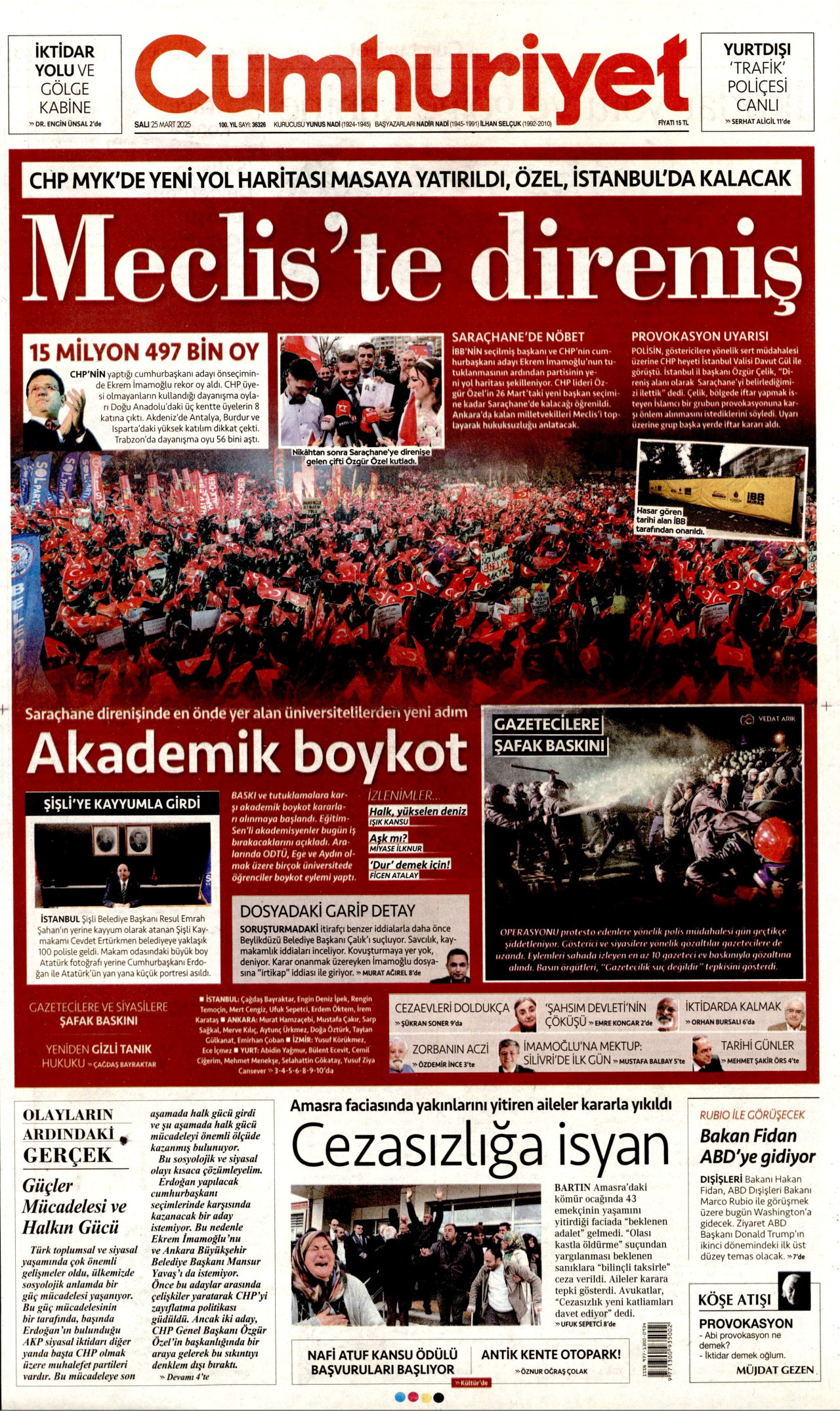 CUMHURİYET gazetesinin 25 Mart 2025 tarihli birinci sayfası