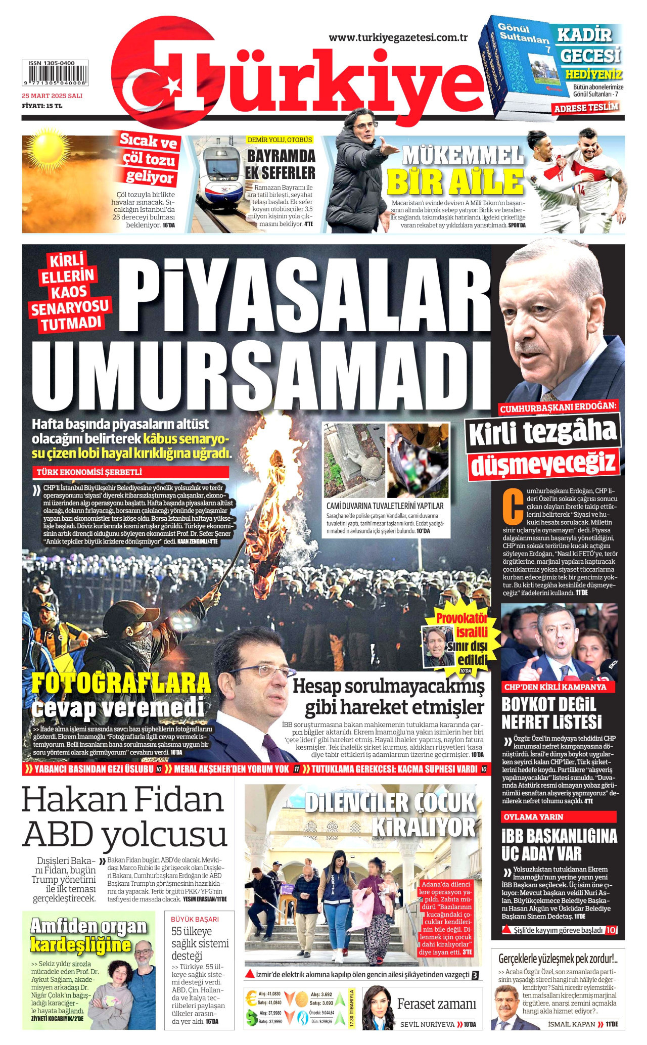 TÜRKİYE GAZETESİ gazetesinin 25 Mart 2025 tarihli birinci sayfası