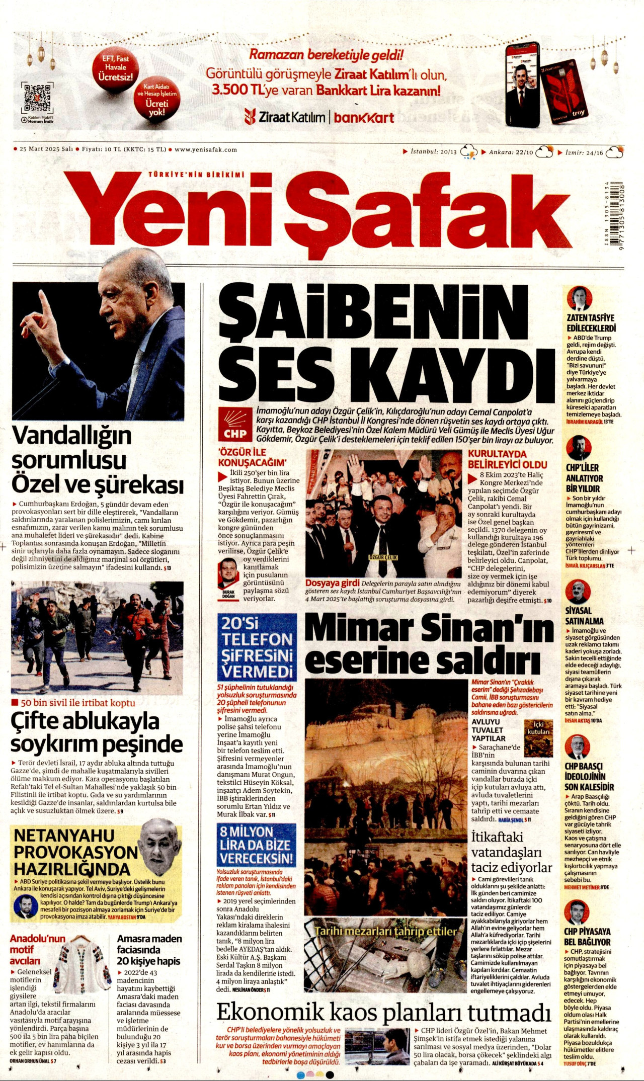 YENİ ŞAFAK gazetesinin 25 Mart 2025 tarihli birinci sayfası