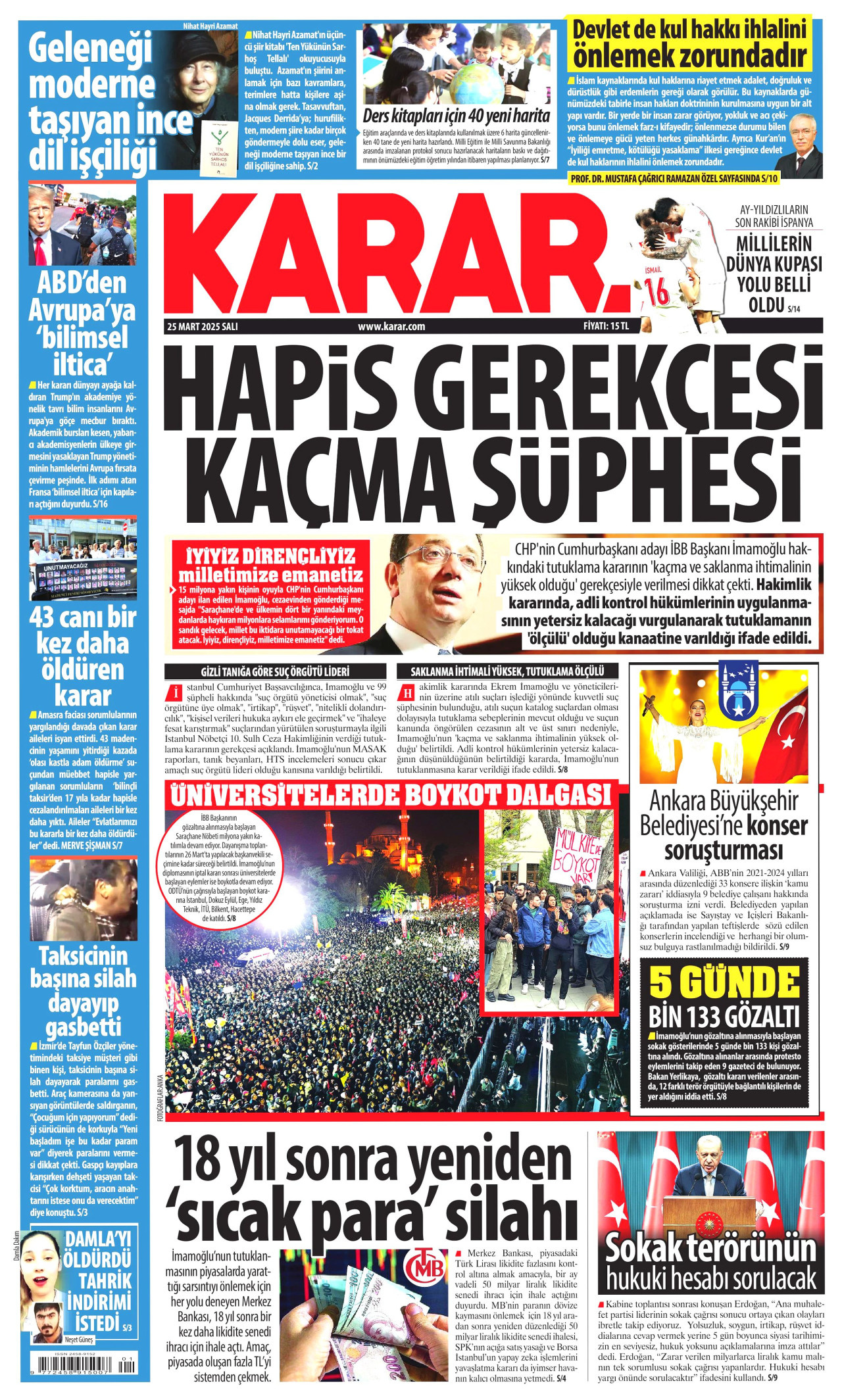 KARAR gazetesinin 25 Mart 2025 tarihli birinci sayfası