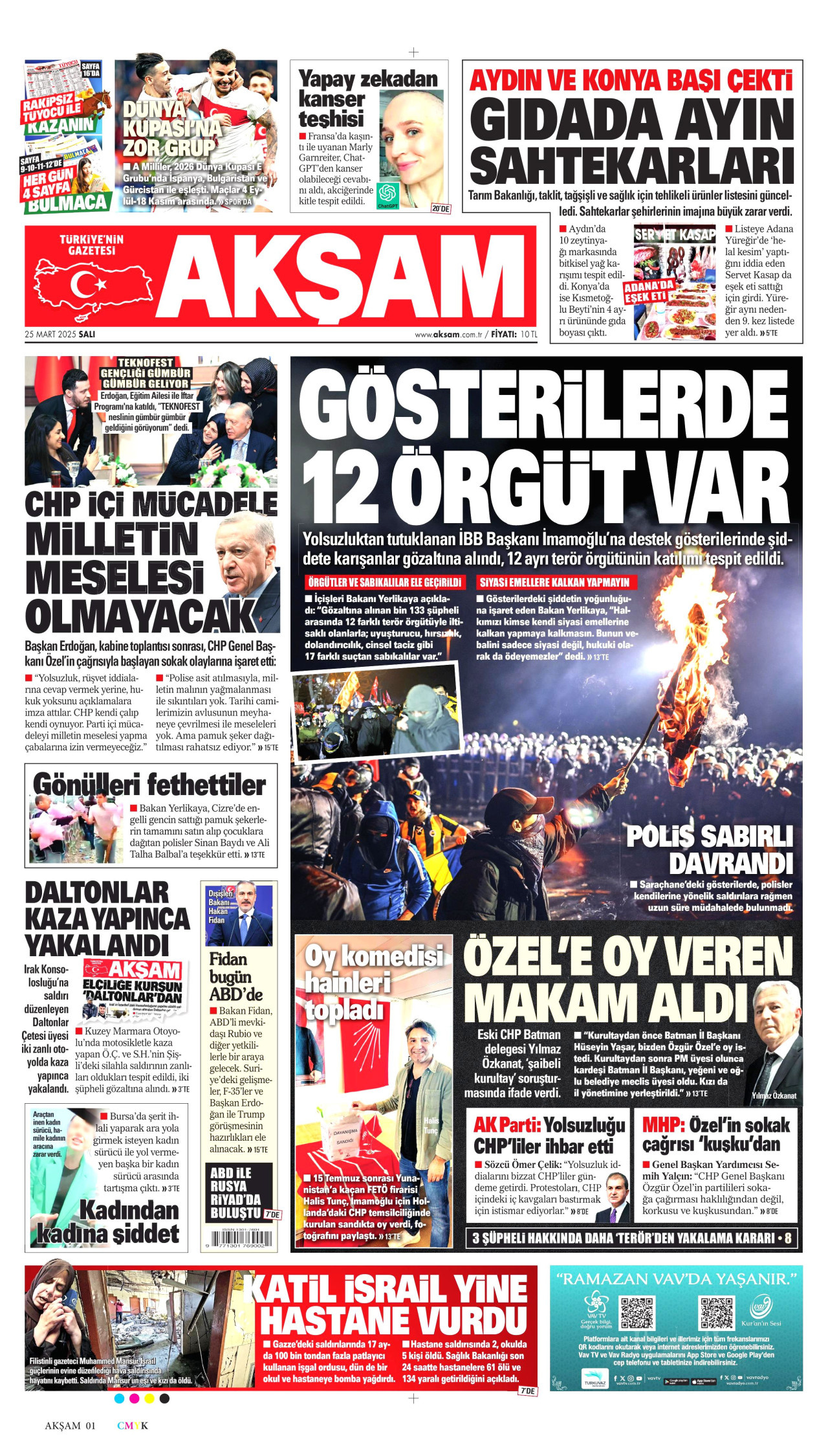 AKŞAM gazetesinin 25 Mart 2025 tarihli birinci sayfası