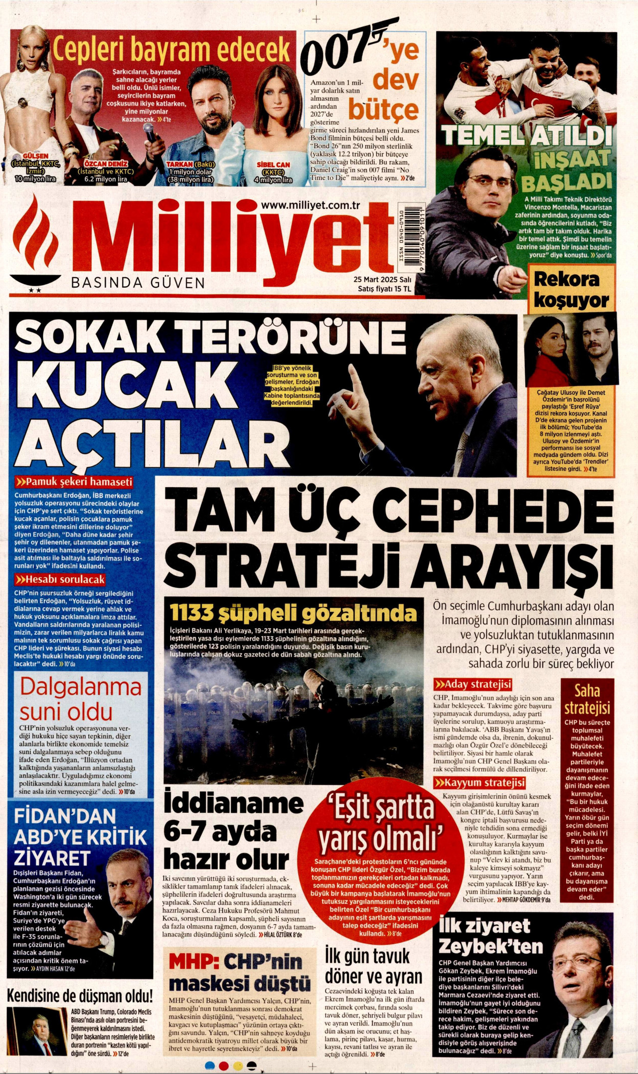 MİLLİYET gazetesinin 25 Mart 2025 tarihli birinci sayfası