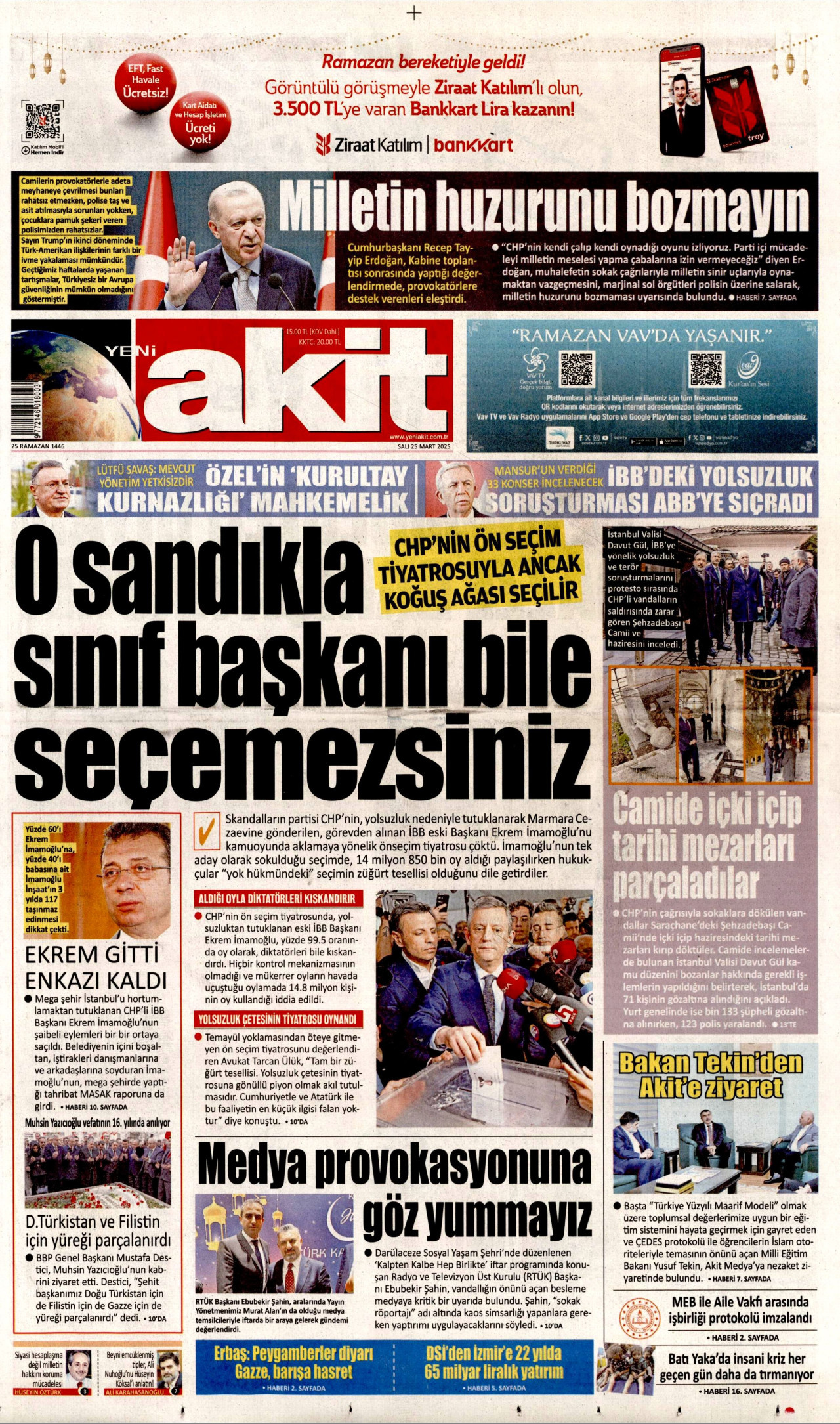 YENİ AKİT gazetesinin 25 Mart 2025 tarihli birinci sayfası