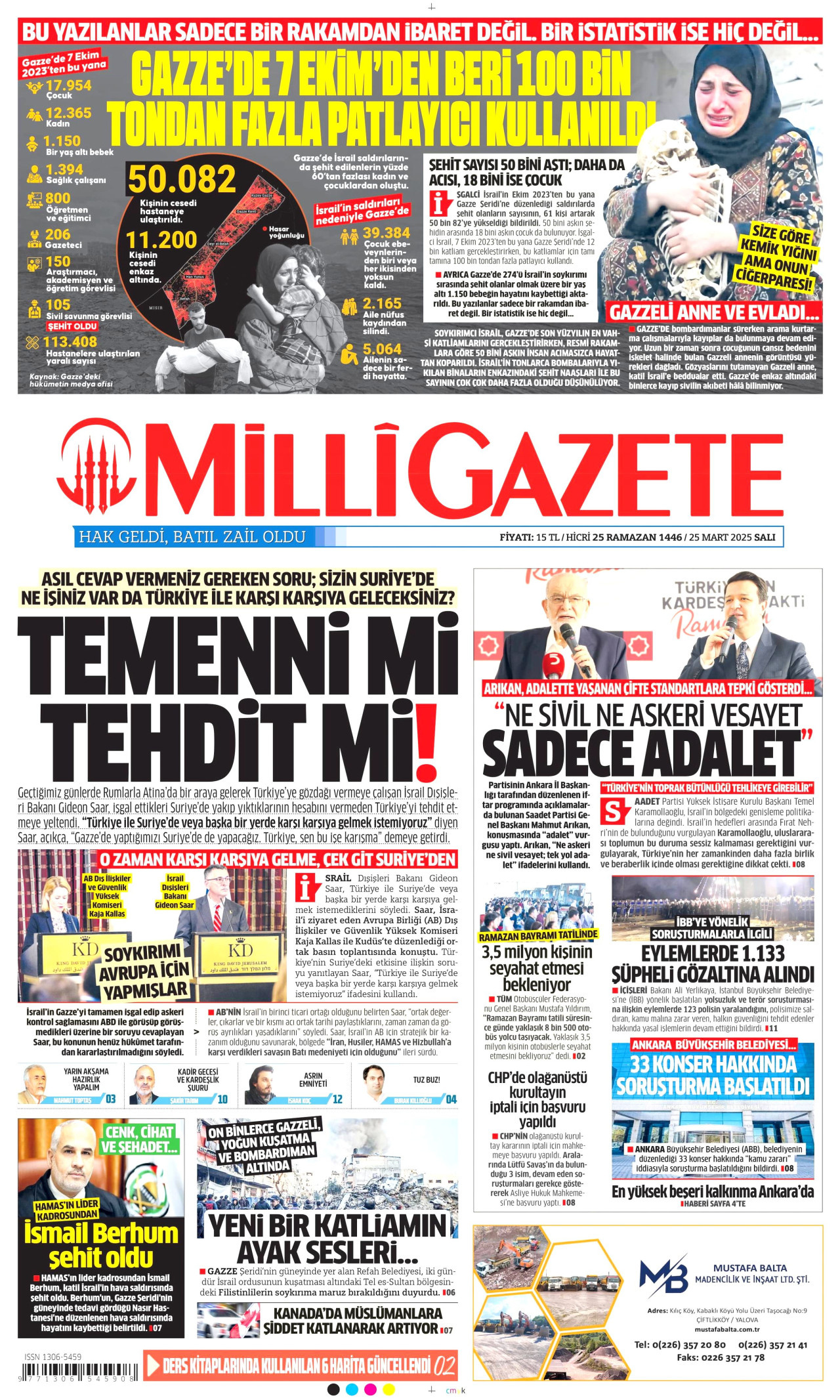 MİLLİ GAZETE gazetesinin 25 Mart 2025 tarihli birinci sayfası