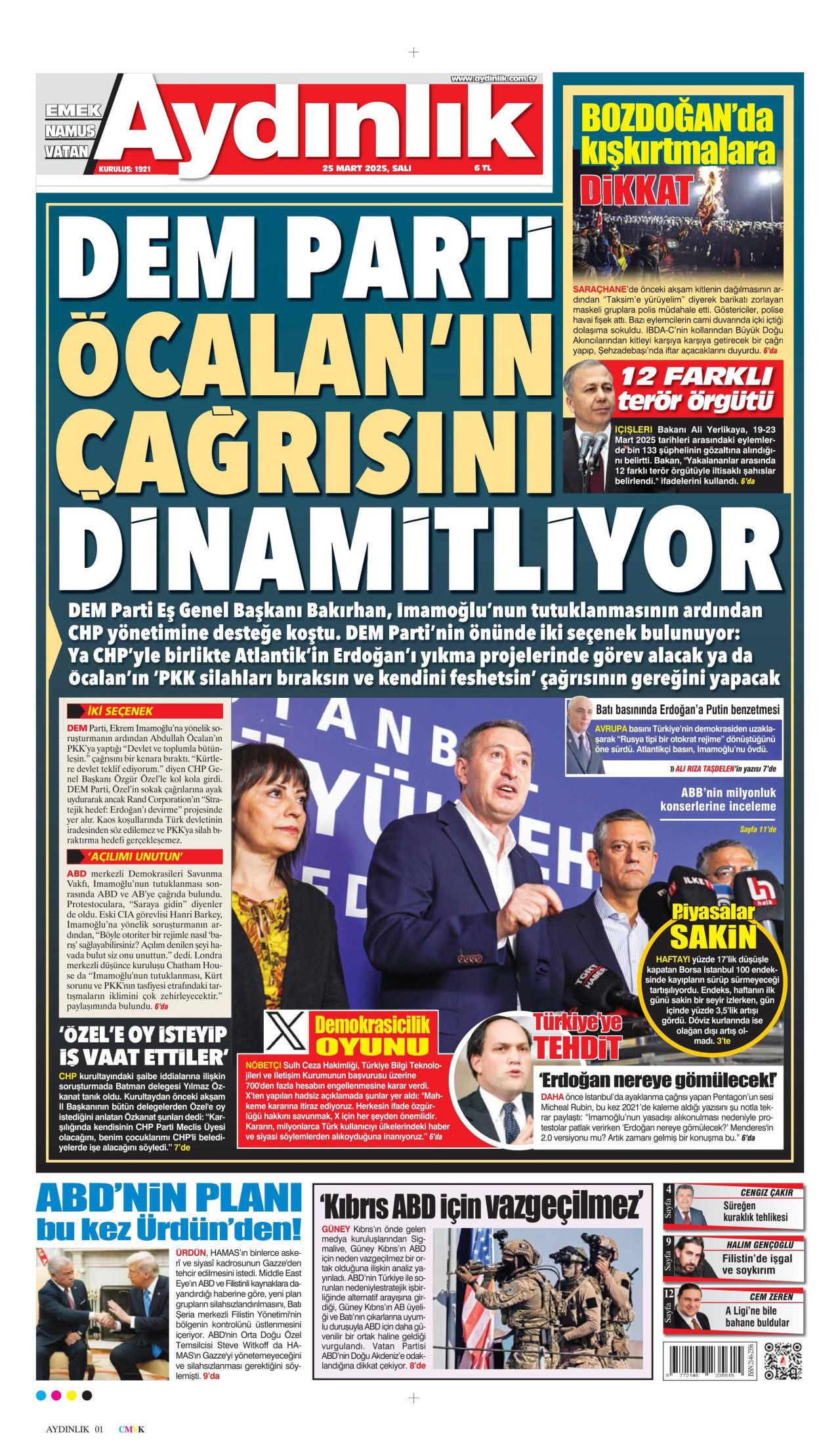 AYDINLIK GAZETESİ gazetesinin 25 Mart 2025 tarihli birinci sayfası