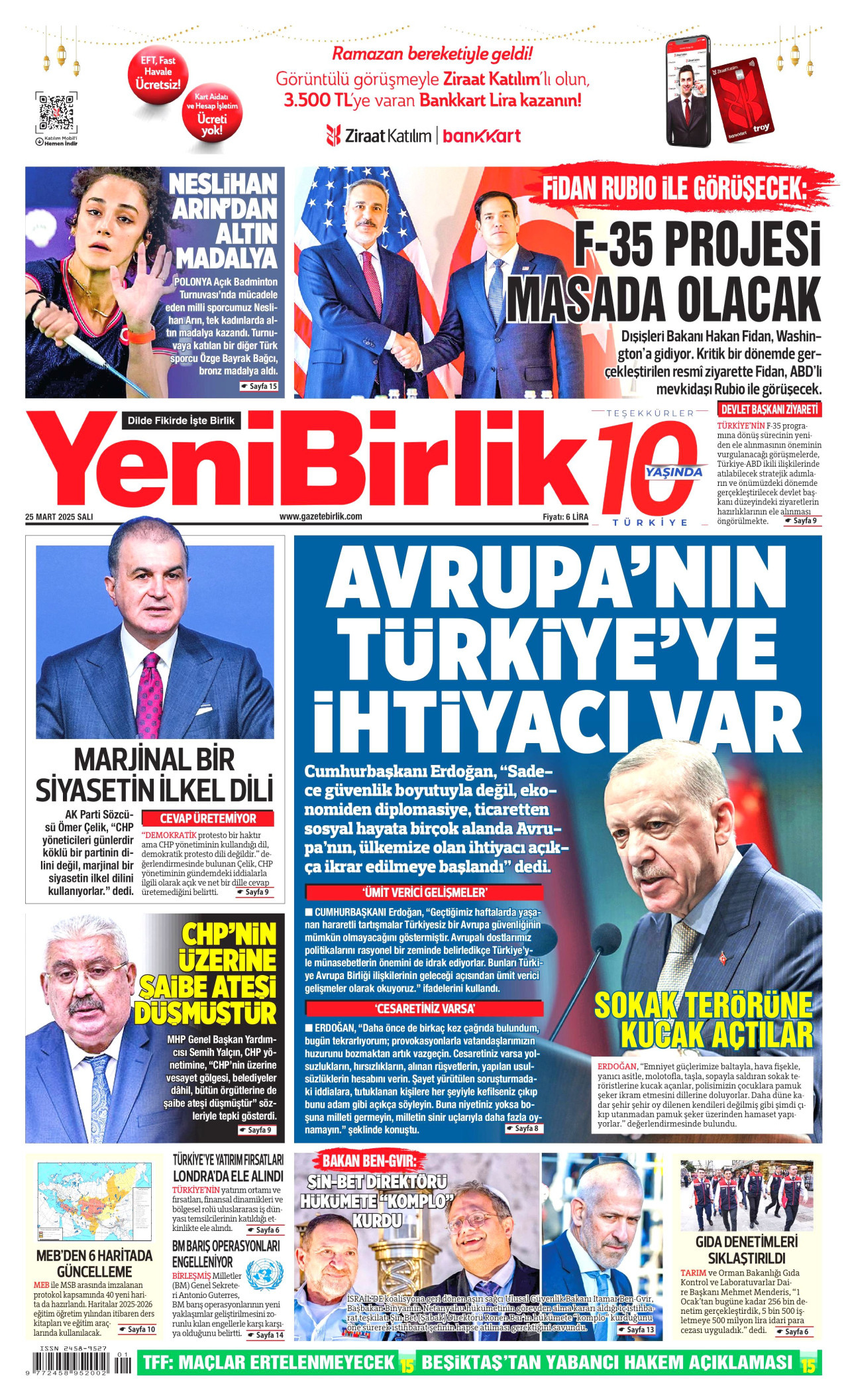 YENİBİRLİK gazetesinin 25 Mart 2025 tarihli birinci sayfası
