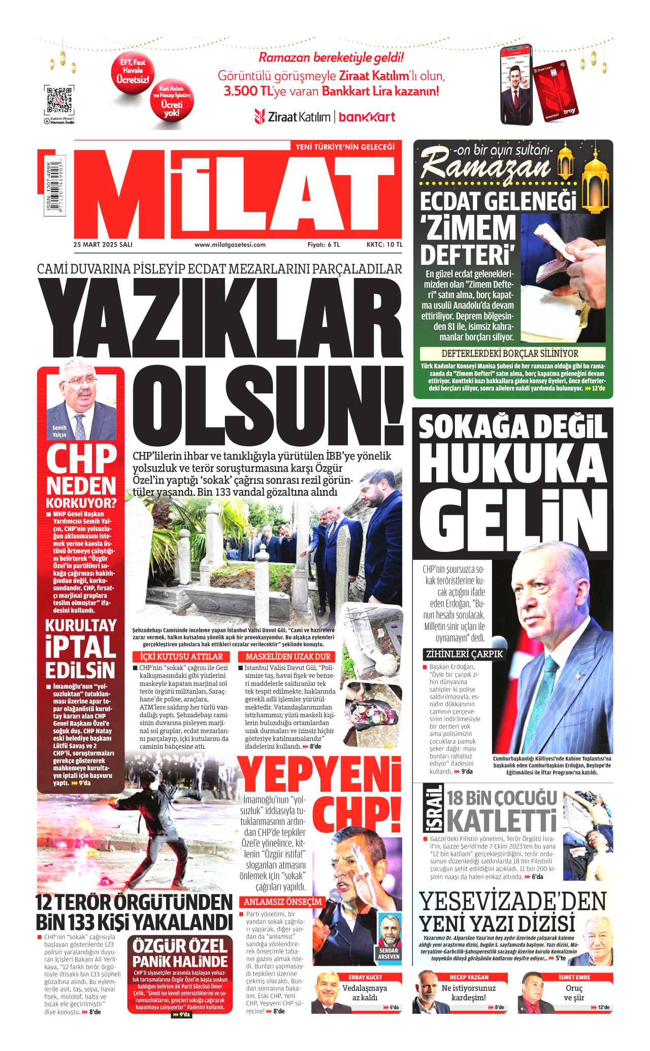 MİLAT gazetesinin 25 Mart 2025 tarihli birinci sayfası