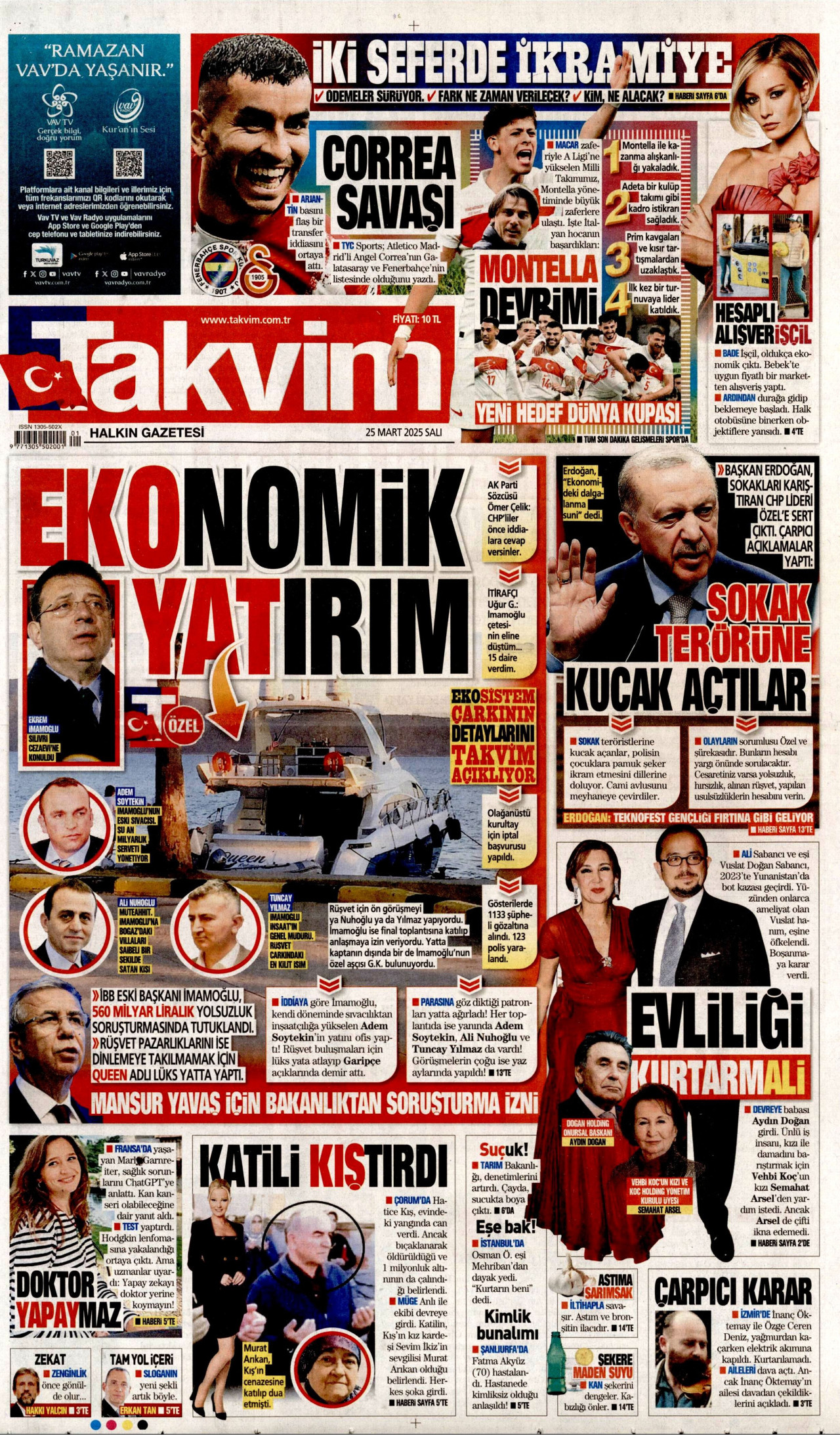 TAKVİM gazetesinin 25 Mart 2025 tarihli birinci sayfası