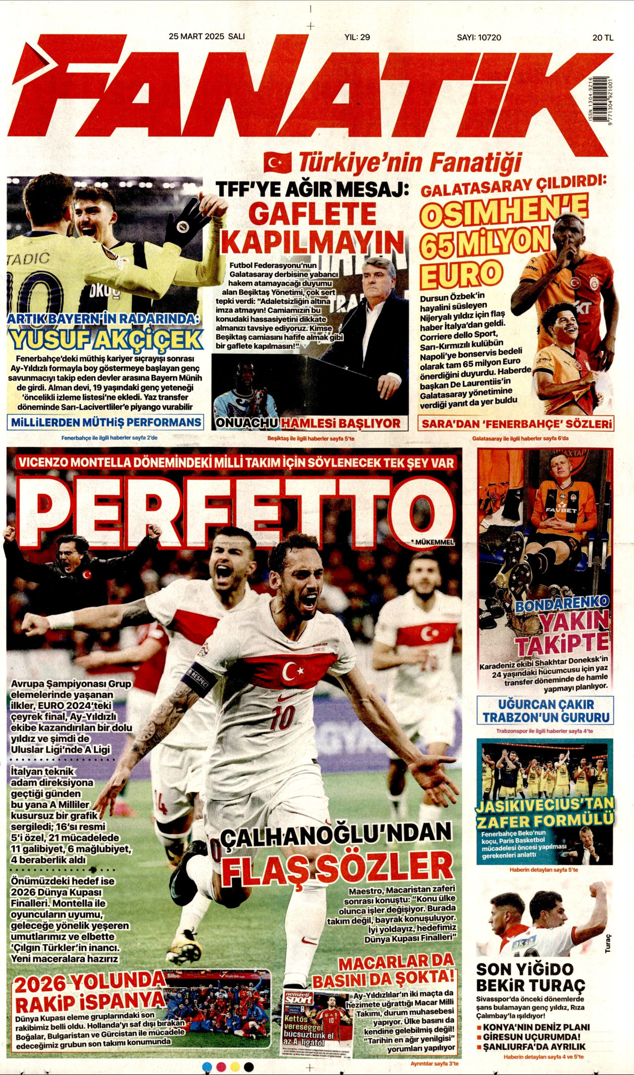 FANATİK gazetesinin 25 Mart 2025 tarihli birinci sayfası