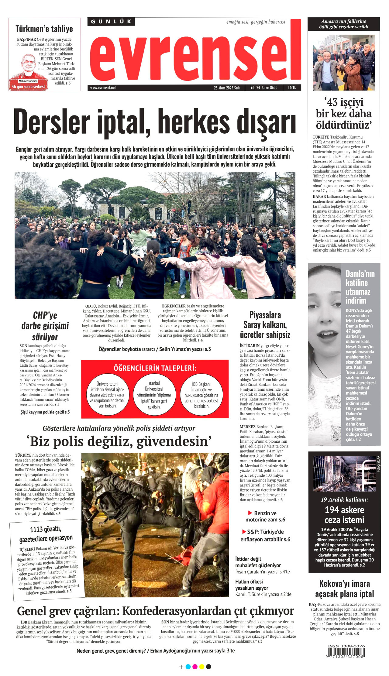 EVRENSEL gazetesinin 25 Mart 2025 tarihli birinci sayfası