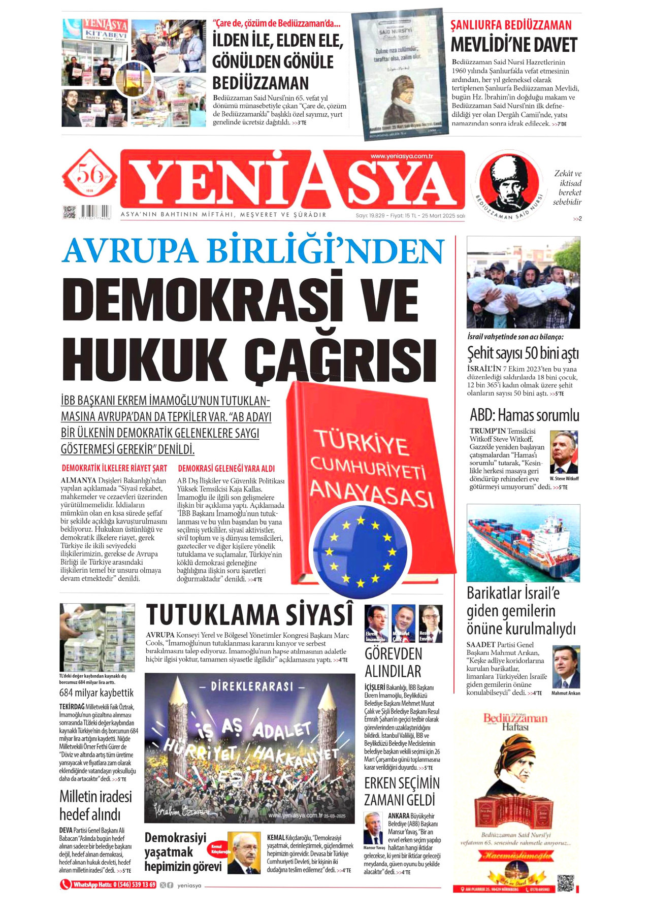 YENİ ASYA gazetesinin 25 Mart 2025 tarihli birinci sayfası