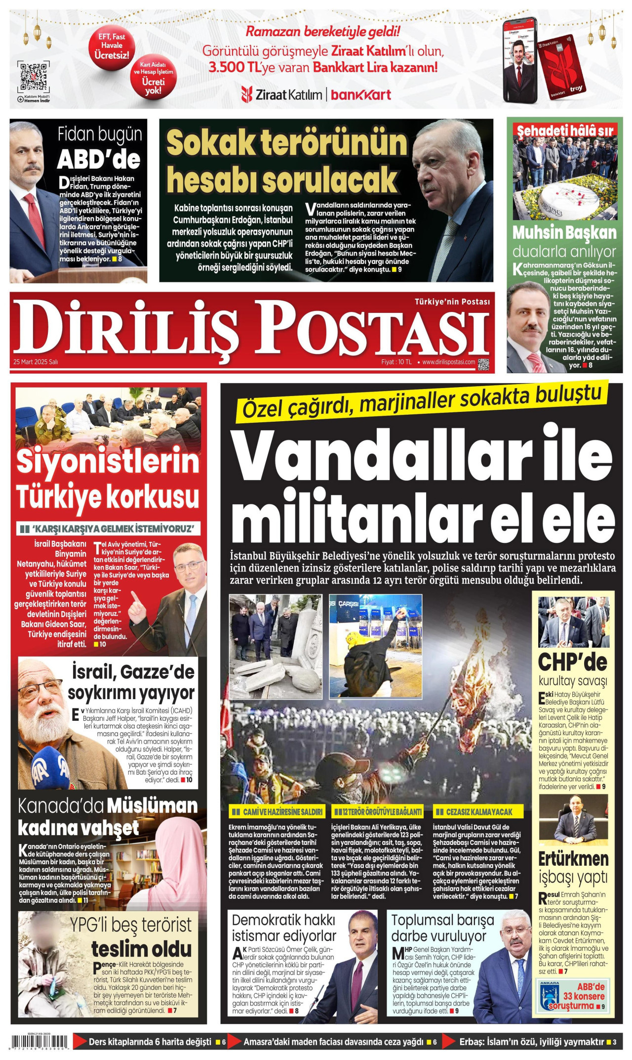 DİRİLİŞ POSTASI gazetesinin 25 Mart 2025 tarihli birinci sayfası
