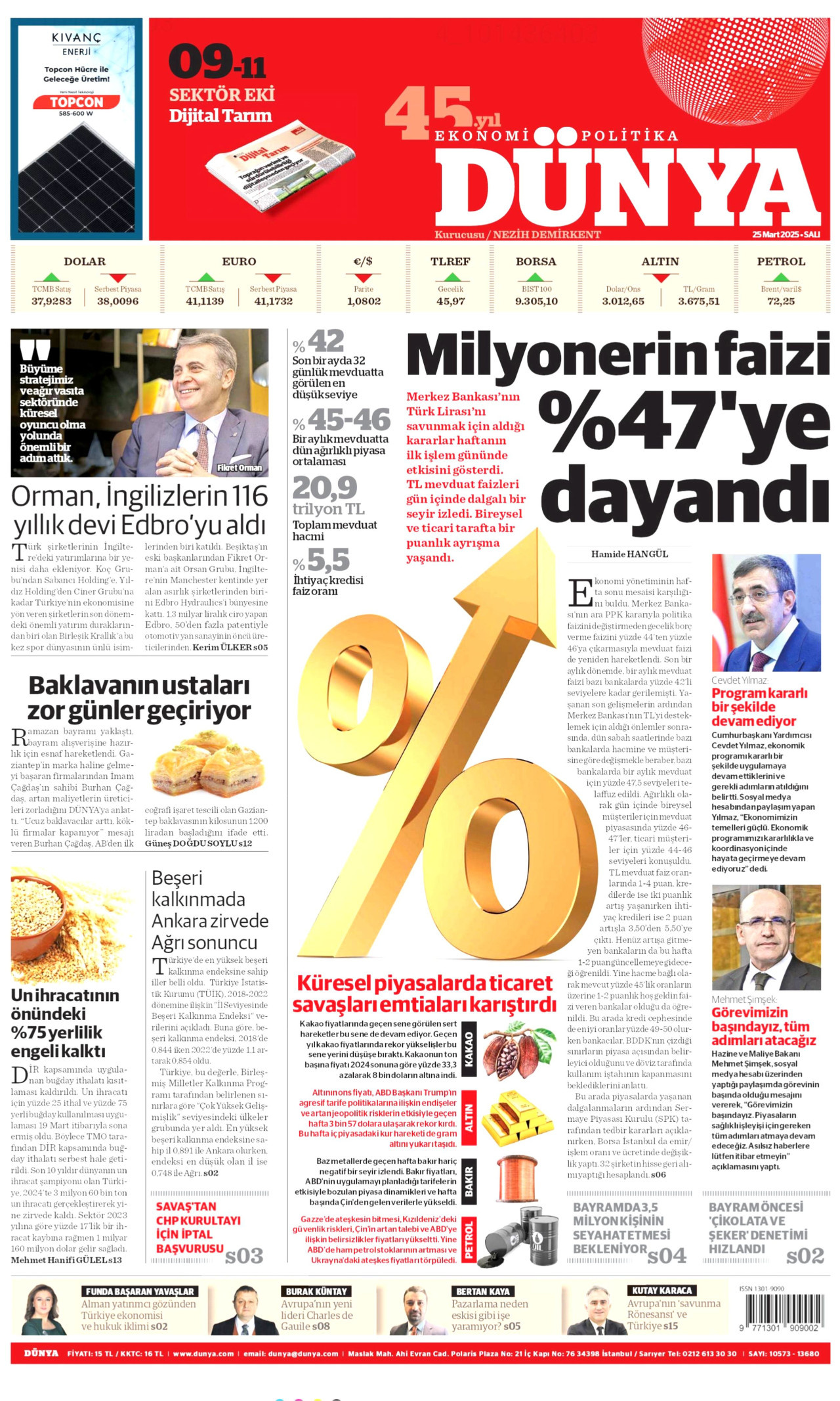 DÜNYA gazetesinin 25 Mart 2025 tarihli birinci sayfası
