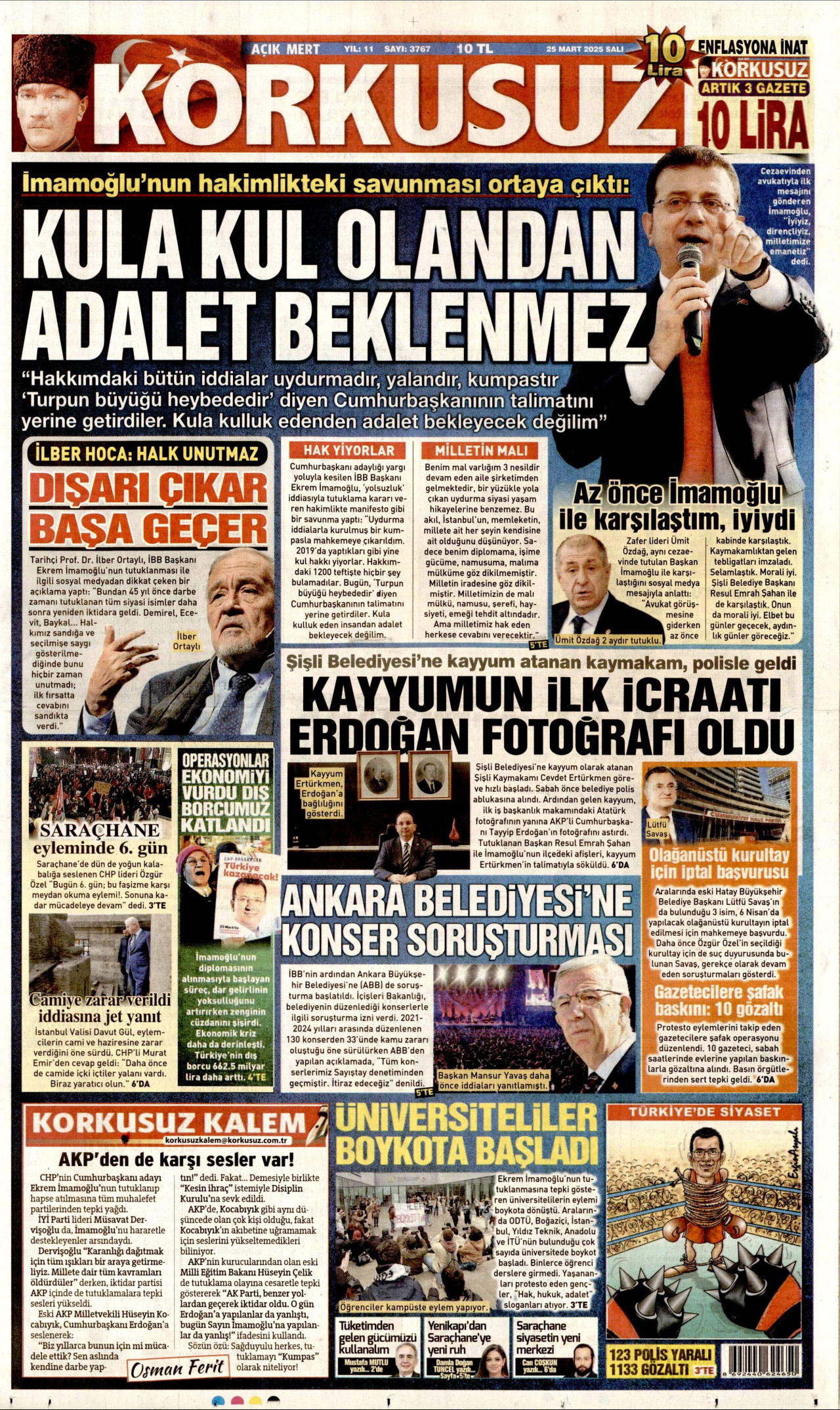 KORKUSUZ gazetesinin 25 Mart 2025 tarihli birinci sayfası