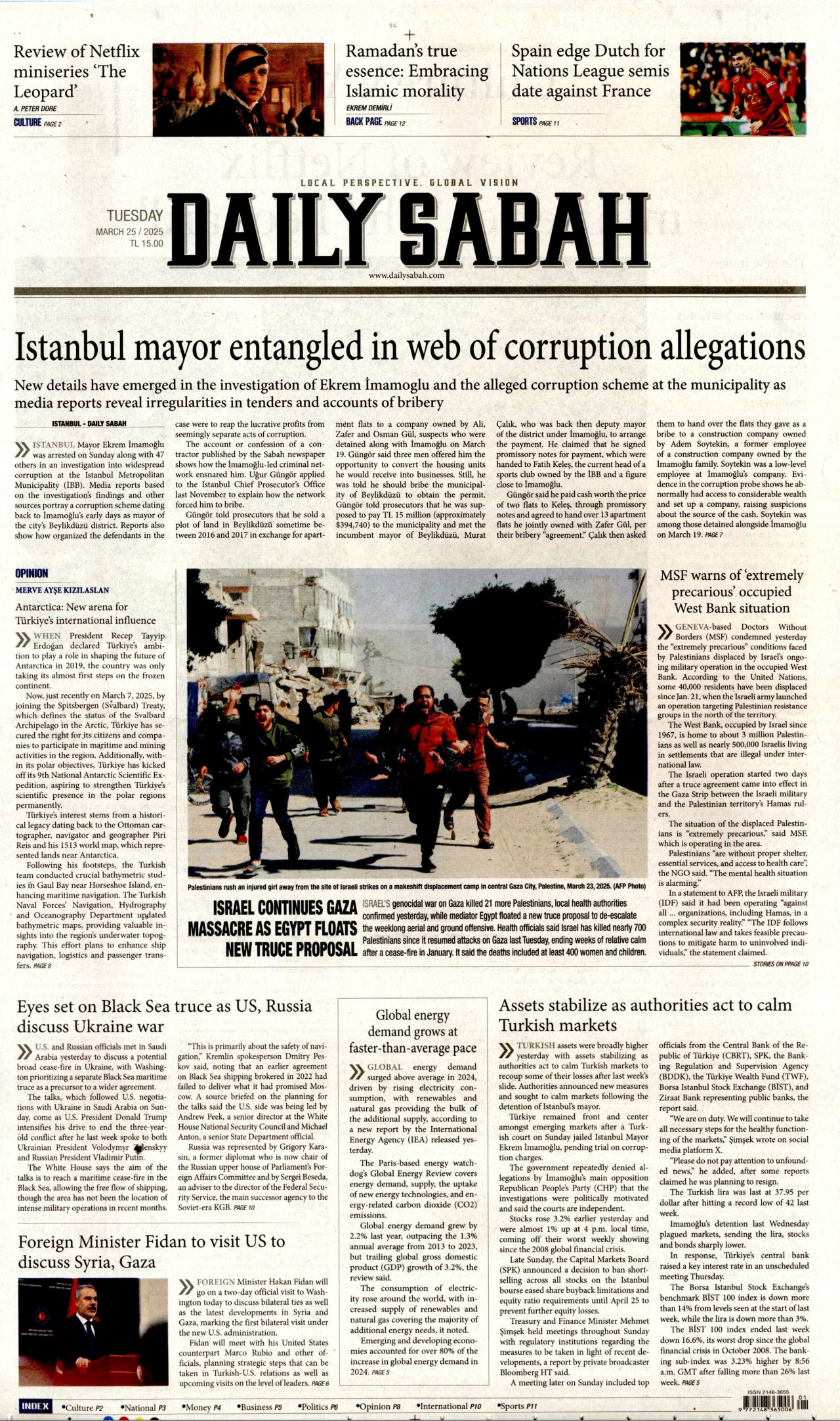 DAİLY SABAH gazetesinin 25 Mart 2025 tarihli birinci sayfası