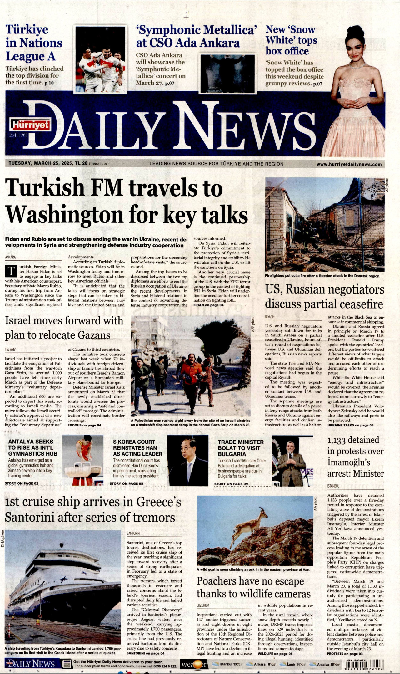 HÜRRİYET DAİLY NEWS gazetesinin 25 Mart 2025 tarihli birinci sayfası
