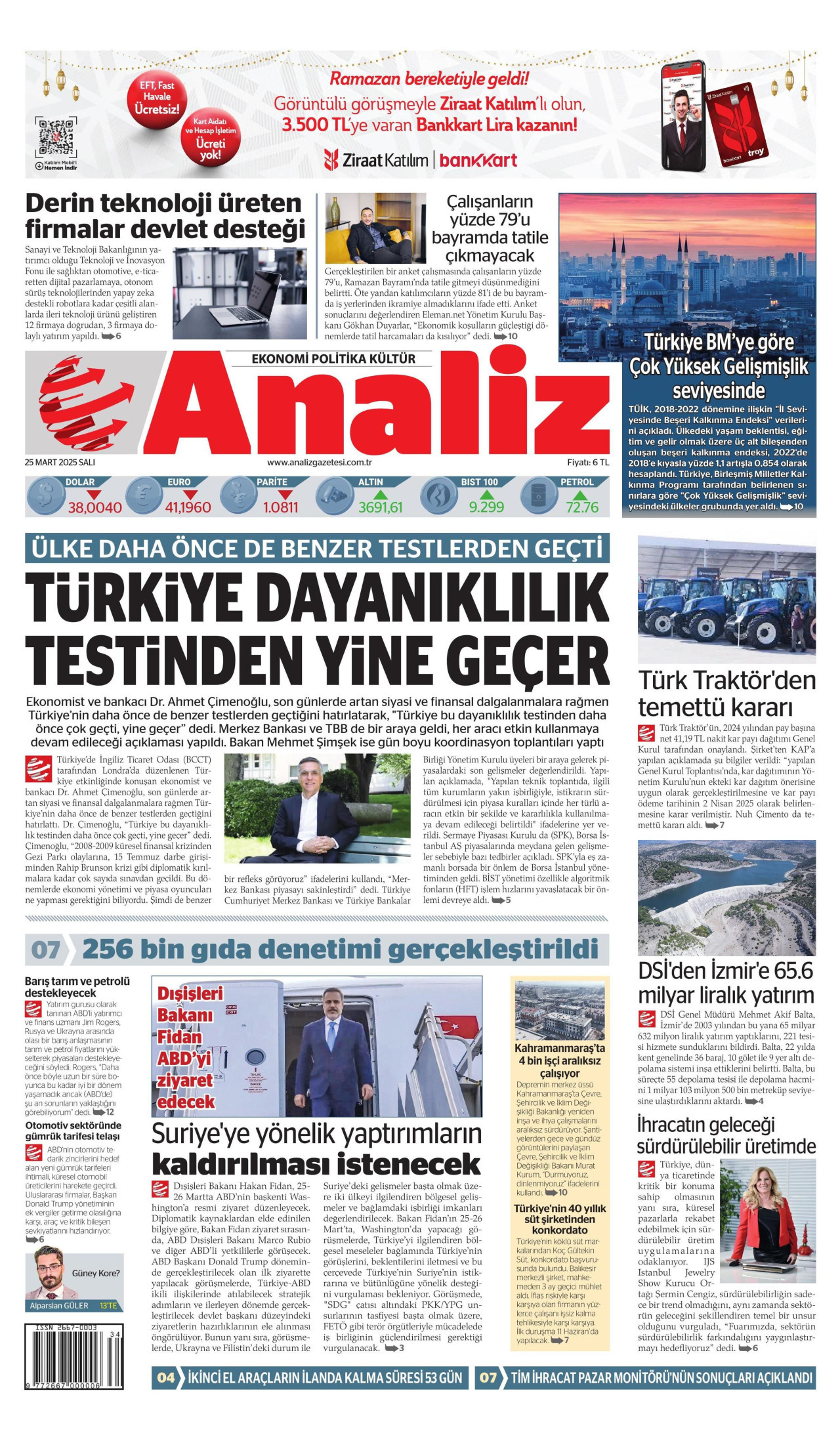 ANALİZ gazetesinin 25 Mart 2025 tarihli birinci sayfası