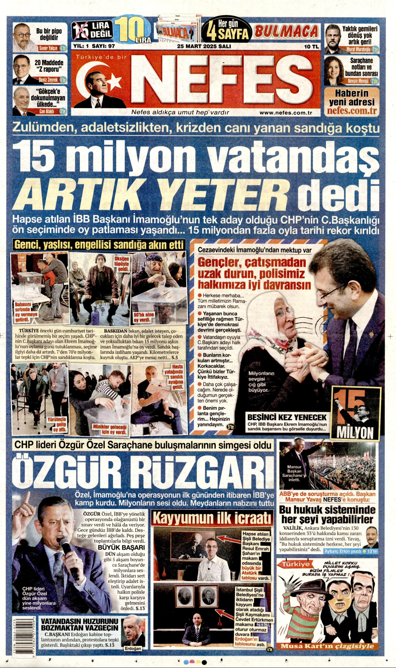 NEFES gazetesinin 25 Mart 2025 tarihli birinci sayfası