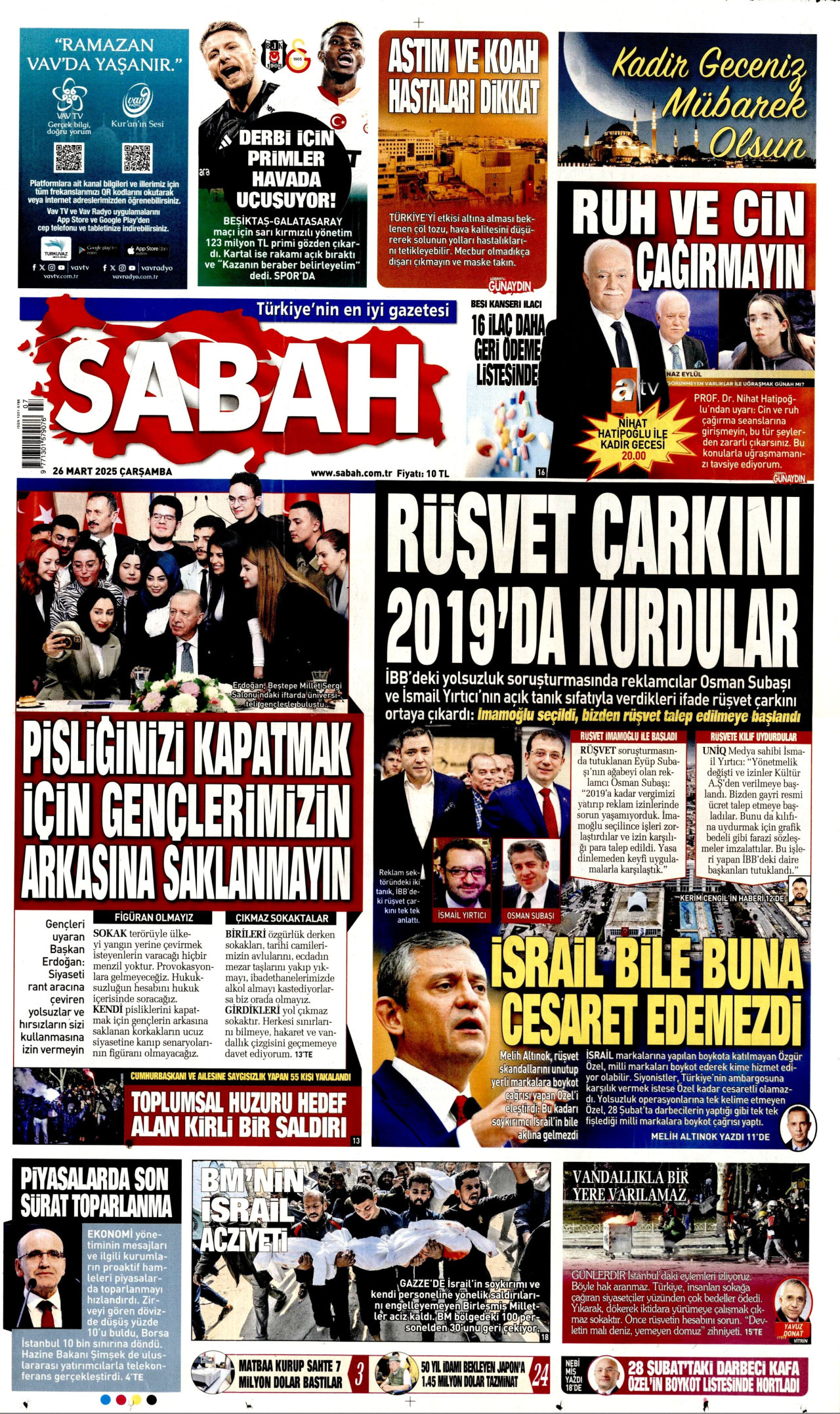 SABAH gazetesinin 26 Mart 2025 tarihli birinci sayfası