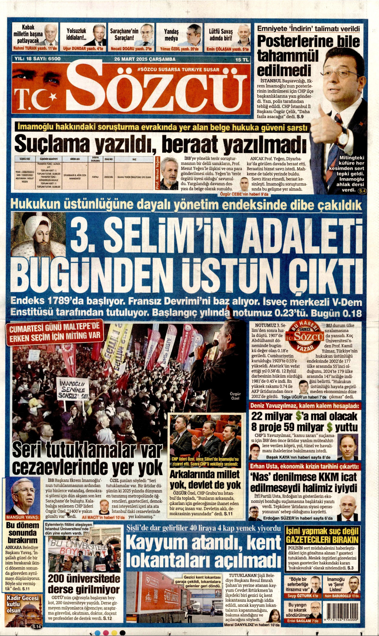 SÖZCÜ gazetesinin 26 Mart 2025 tarihli birinci sayfası