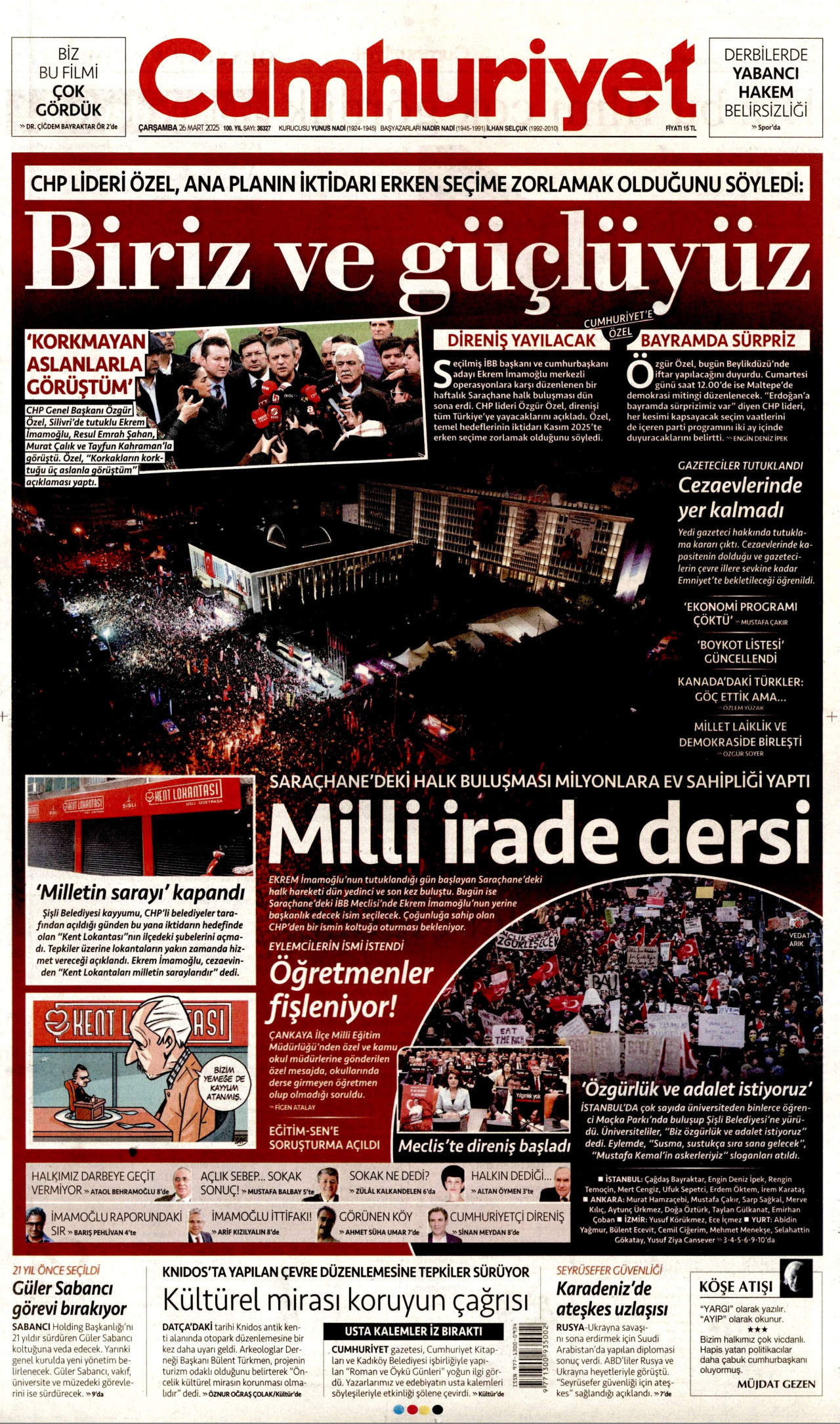 CUMHURİYET gazetesinin 26 Mart 2025 tarihli birinci sayfası