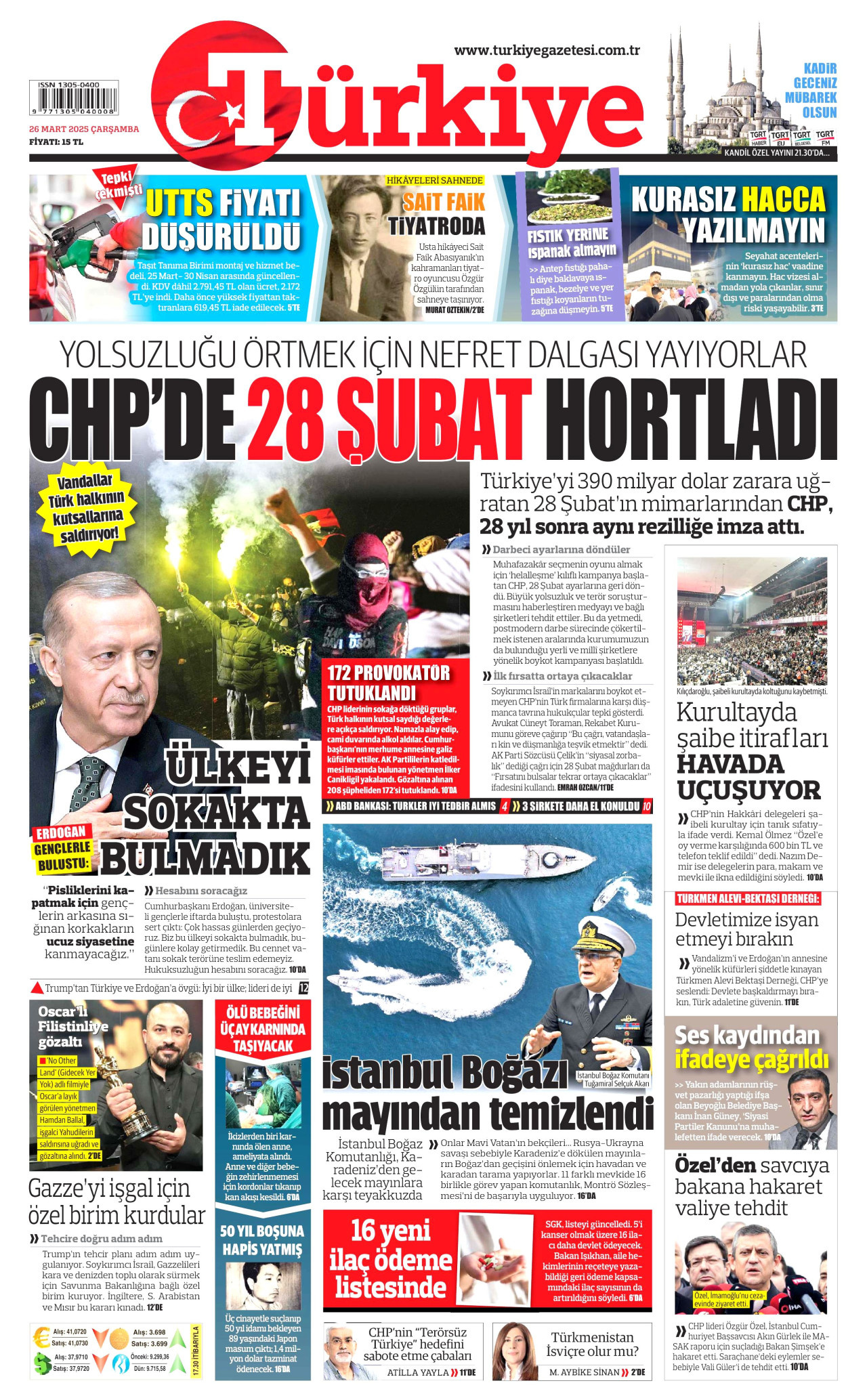 TÜRKİYE GAZETESİ gazetesinin 26 Mart 2025 tarihli birinci sayfası