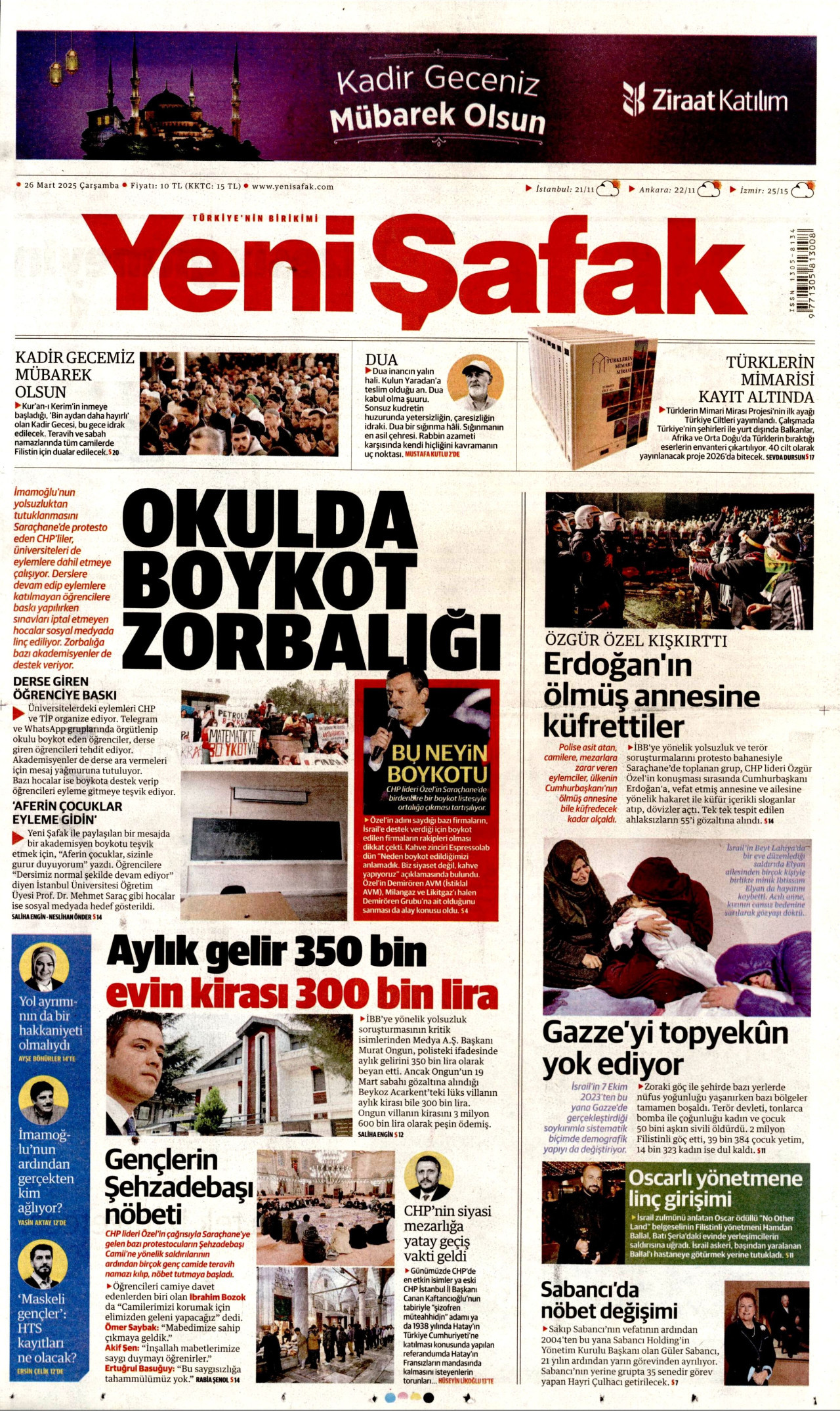 YENİ ŞAFAK gazetesinin 26 Mart 2025 tarihli birinci sayfası