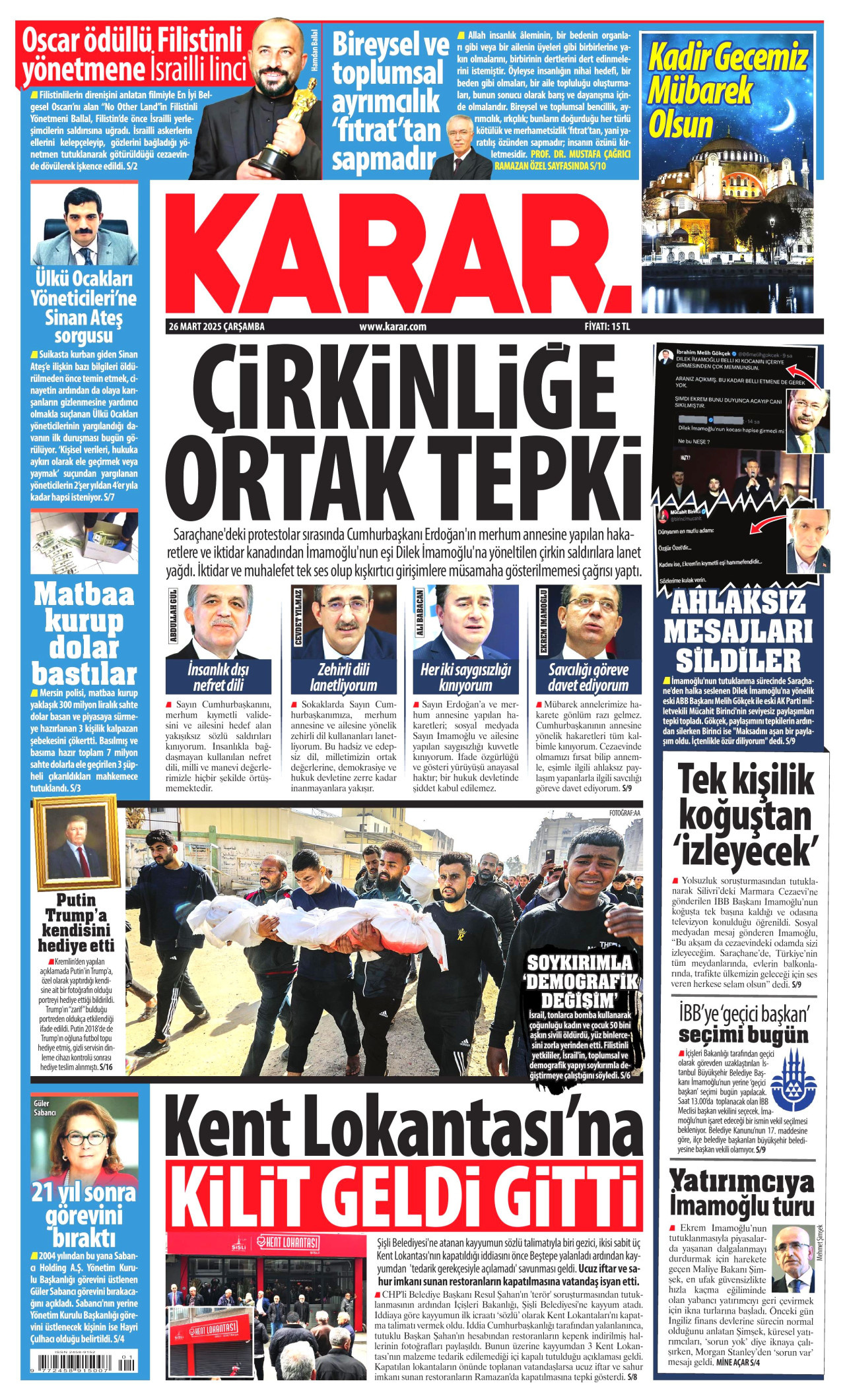 KARAR gazetesinin 26 Mart 2025 tarihli birinci sayfası