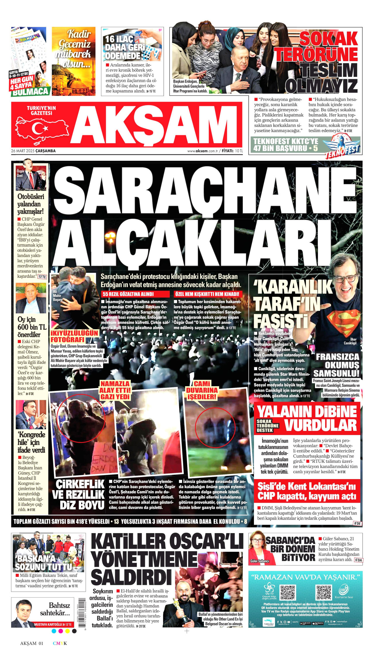 AKŞAM gazetesinin 26 Mart 2025 tarihli birinci sayfası