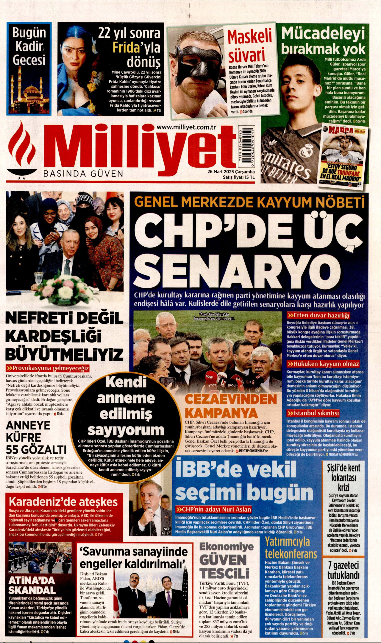MİLLİYET gazetesinin 26 Mart 2025 tarihli birinci sayfası