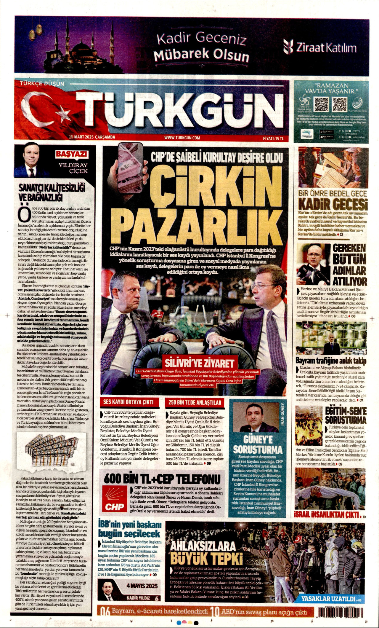TÜRKGÜN gazetesinin 26 Mart 2025 tarihli birinci sayfası