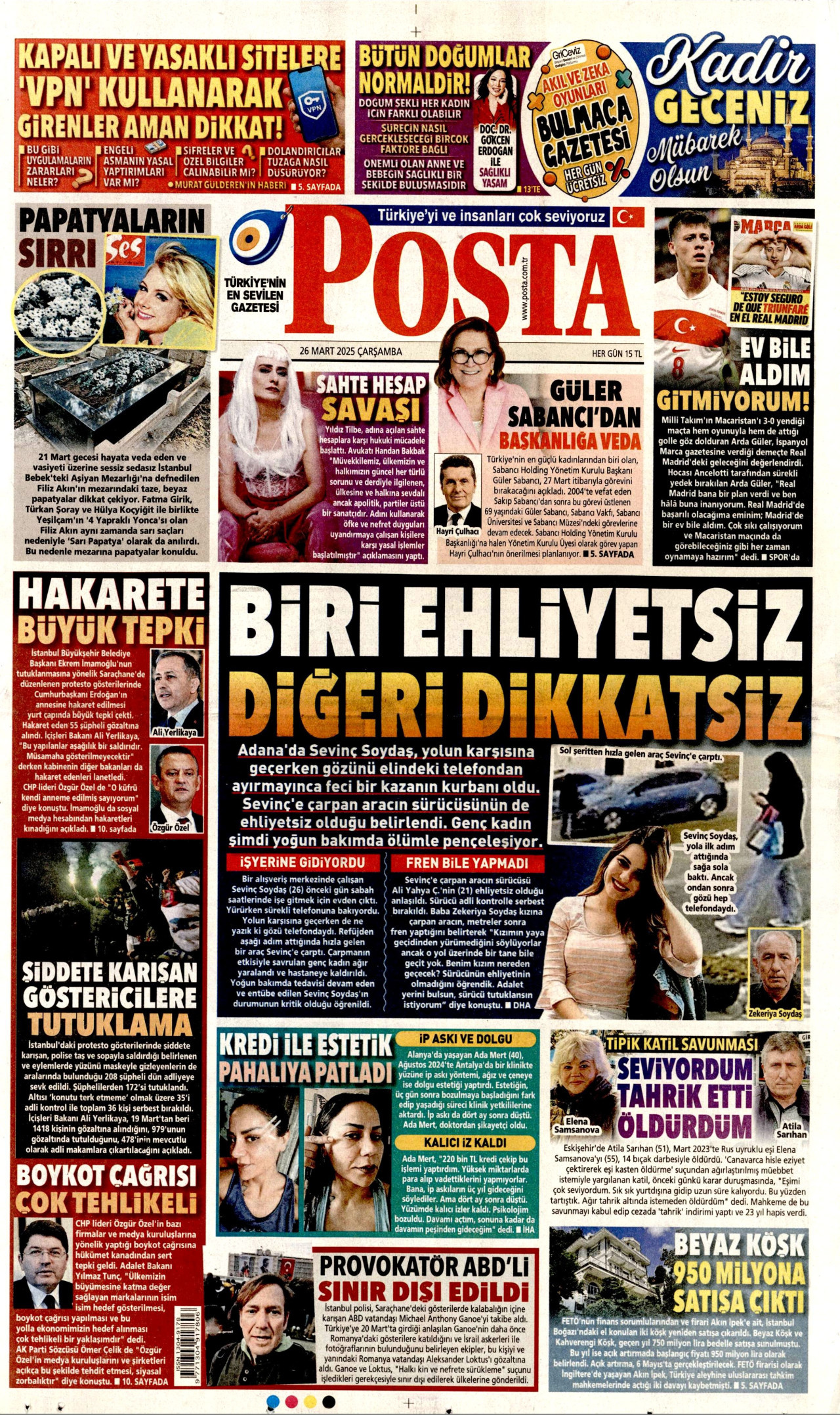 POSTA gazetesinin 26 Mart 2025 tarihli birinci sayfası