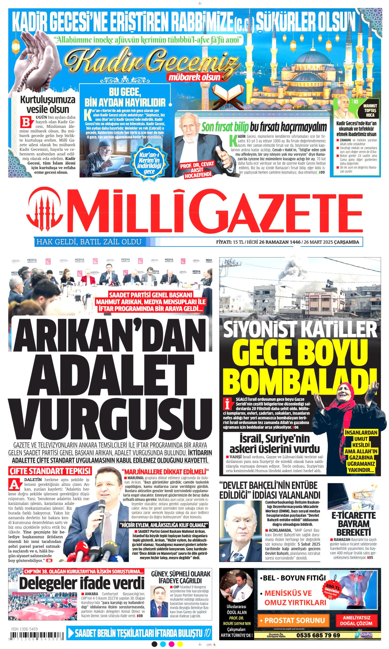 MİLLİ GAZETE gazetesinin 26 Mart 2025 tarihli birinci sayfası