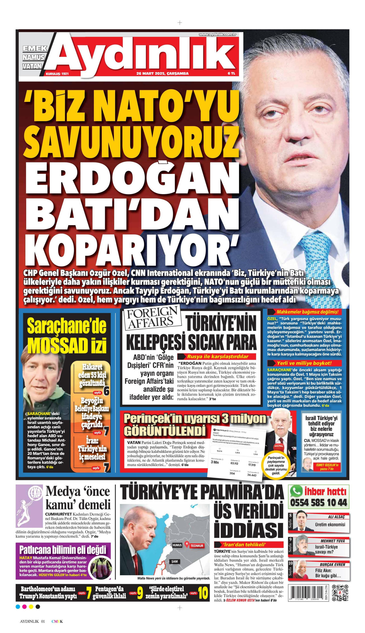 AYDINLIK GAZETESİ gazetesinin 26 Mart 2025 tarihli birinci sayfası